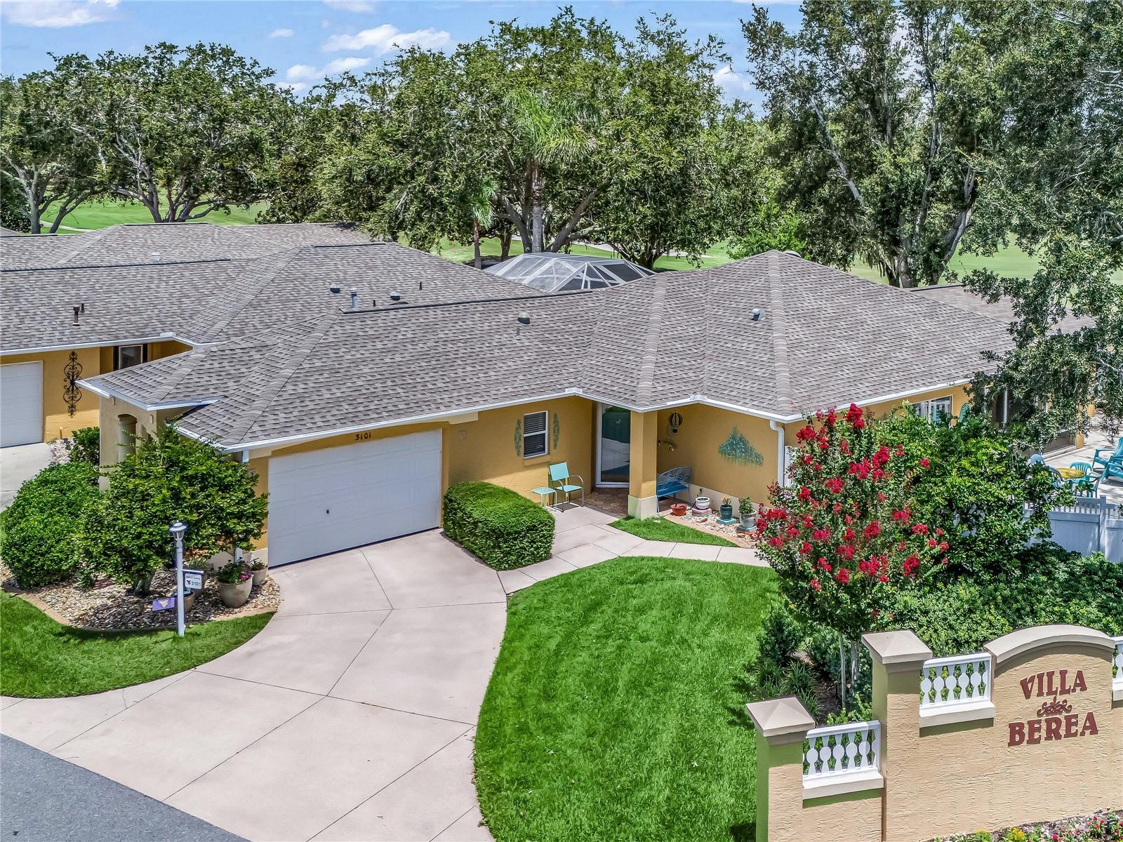 THE VILLAGES, FL - >> HOT SPOT, VILLA BEREA!! << - BOND PAID - *SPECTACULAR* PANORAMIC VIEWS OF GLENVIEW CHAMPIONSHIP GOLF COURSE!--> LARGE SUNROOM ADDITION with GAS FIREPLACE. 3-bedroom, 2-bath (CORNER, END UNIT) with PRIVATE YARD SPACE SURROUNDING THE ENTIRE VILLA (...rare!) << --> APPROX. 2,050 SQ FT OF LIVING SPACE. >> ROOF (2018) - HVAC (2017) - TANKLESS GAS WATER HEATER (DATE: UNKNOWN). Other great features you're sure to love: VAULTED CEILINGS with KNOCKDOWN TEXTURE (no popcorn!). Large, BEAUTIFUL KITCHEN featuring QUARTZ counters, designer backsplash with an ABUNDANCE of light and bright white, wooden cabinetry. UPGRADED BATHROOMS including the SHOWERS. Bedroom 2 offers MURPHY BED -and- a spacious built in desk with cabinets above.  --> Incredibly private outdoor living space includes a screened in lanai plus a large, open patio space. // LOCATION... VILLA BEREA is one of The Villages' HIDDEN GEMS — an island of villas surrounded by the Glenview Championship Golf Course. Despite being in the heart of seemingly endless amenities, the community enjoys a private feel with only one entrance and no through traffic! Just a few minutes away by golf cart, you'll enjoy convenient access to more than 20 restaurants, multiple grocery stores, banks, gas stations, medical offices, Walmart, Costco, Hobby Lobby, PetSmart, and more. You'll also love being near the Polo Fields, several recreation centers and pools, a variety of golf, tennis and pickleball while having easy golf-cart access to both Lake Sumter Landing Market Square and Spanish Springs Town Square. // FANTASTIC HOME - FANTASTIC COMMUNITY - FANTASTIC LOCATION --> MAKE IT YOURS! /// NOTES: Approx 40 Executive golf courses throughout the community are free to residents (trail fees additional). The 12 Championship courses are not free. // --> BOND PAID. The $567 "CDD FEE" reflected in this MLS listing IS ALREADY INCLUDED in the property tax bill amount (this is the fire dept & bond maintenance). The $2,520 FEE reflected in the MLS listing is the $210 monthly amenity fee that is charged on the water bill. // Room dimensions approximate. Information deemed reliable but not guaranteed; always verify.