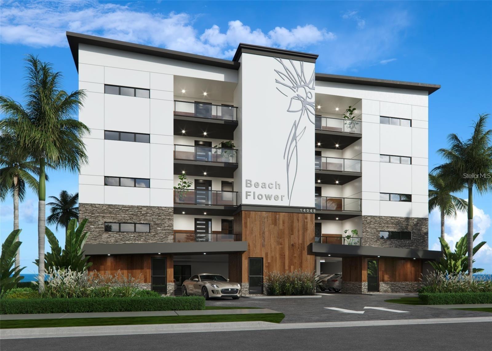 Under Construction. Under Construction. Welcome to a rare opportunity to own one of only eight exclusive residences in an architecturally stunning new Gulf-front development on Madeira Beach. Currently under construction with expanded square footage, this exquisitely designed building blends modern luxury with coastal sophistication, all set against the breathtaking backdrop of direct Gulf views and unforgettable sunsets. Each residence offers high-end finishes, an expansive covered outdoor living area, and only two units per floor—providing privacy, space, and sweeping vistas from nearly every room. This particular unit features two spacious bedrooms, two elegant bathrooms, and a versatile den—ideal for a home office, media room, or guest space. Inside, you’ll find a thoughtfully curated interior, including engineered wood flooring with sound mat underlay, luxury carpet in the second bedroom and den, and custom tile work throughout. The gourmet kitchen is a showpiece with stainless steel appliances, designer backsplash, and an elevated cabinetry package for both kitchen and bathrooms. Solid core doors and premium hardware complete the refined aesthetic. The master en-suite bath showcases a spa-inspired design with large format tile, art-deco accent wall, and a custom shower floor. The second bath is equally luxurious with a tub surround and striking mosaic waterfall detail. Outside, the amenities continue with a beachfront pool and spa, an expansive paver deck, and beautifully landscaped grounds with a full irrigation system and exterior lighting. Under-building parking and a private elevator round out the ease and exclusivity of ownership. This is more than a condo—it’s a statement in refined Gulf-front living.  All renderings are of proposed furnishings and does not reflect exact finished product.