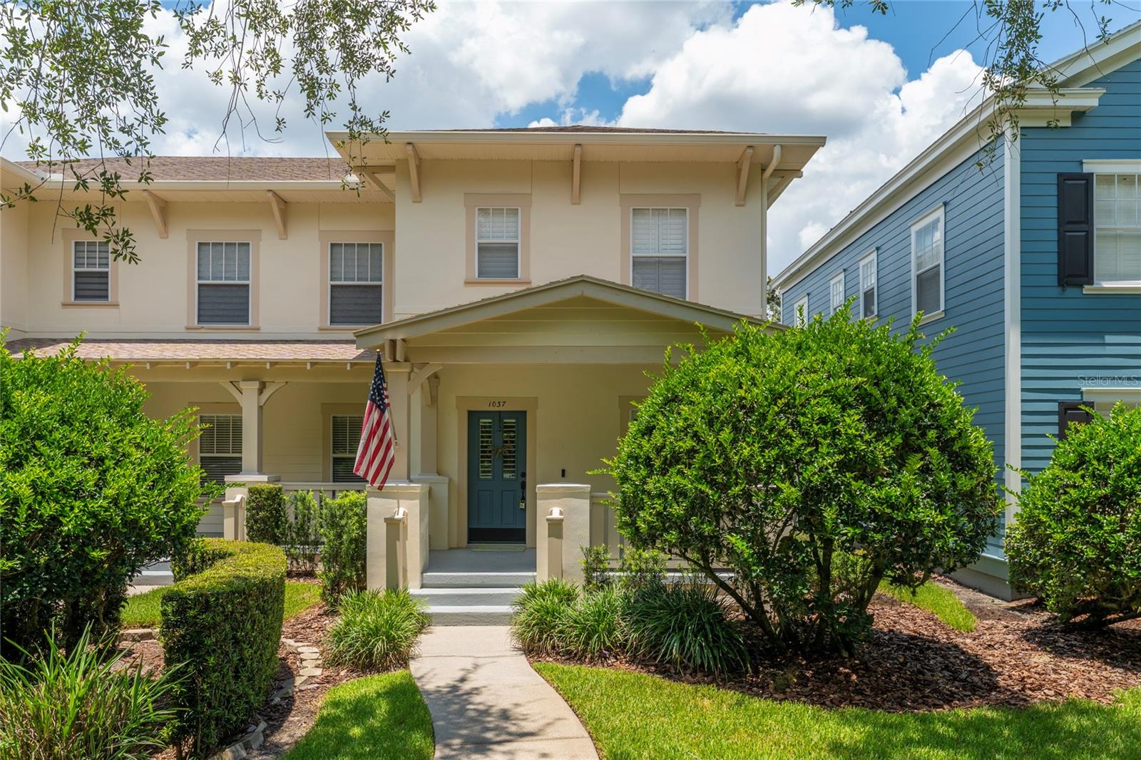 Welcome to this beautifully maintained townhouse in the heart of Celebration, offering a charming front porch with breathtaking pond view the perfect place to enjoy your morning coffee or unwind at the end of the day. Inside, you'll find elegant plantation shutters throughout, adding timeless style and privacy to every room. The thoughtfully designed first floor features a versatile den, library, or formal dining room, a convenient half bath, and an open concept layout that seamlessly connects the kitchen and family room, creating an ideal space for everyday living and entertaining. All kitchen appliances are included, and the home also features a detached one car garage. Upstairs, the spacious primary suite boasts an elegant tray ceiling, a walk in closet, and a private en-suite bathroom with dual vanities and a large walk in shower. The second bedroom also enjoys its own private en-suite bathroom with a tub/shower combination, making it perfect for guests or family members. Ideally located in the award winning community of Celebration, residents enjoy miles of walking and biking trails, community pools, parks, playgrounds, tennis courts, fitness centers, and charming downtown shops and restaurants. Conveniently located just minutes from Walt Disney World, major highways, shopping, dining, and Orlando International Airport, this home offers the perfect blend of comfort, convenience, and the exceptional Celebration lifestyle.