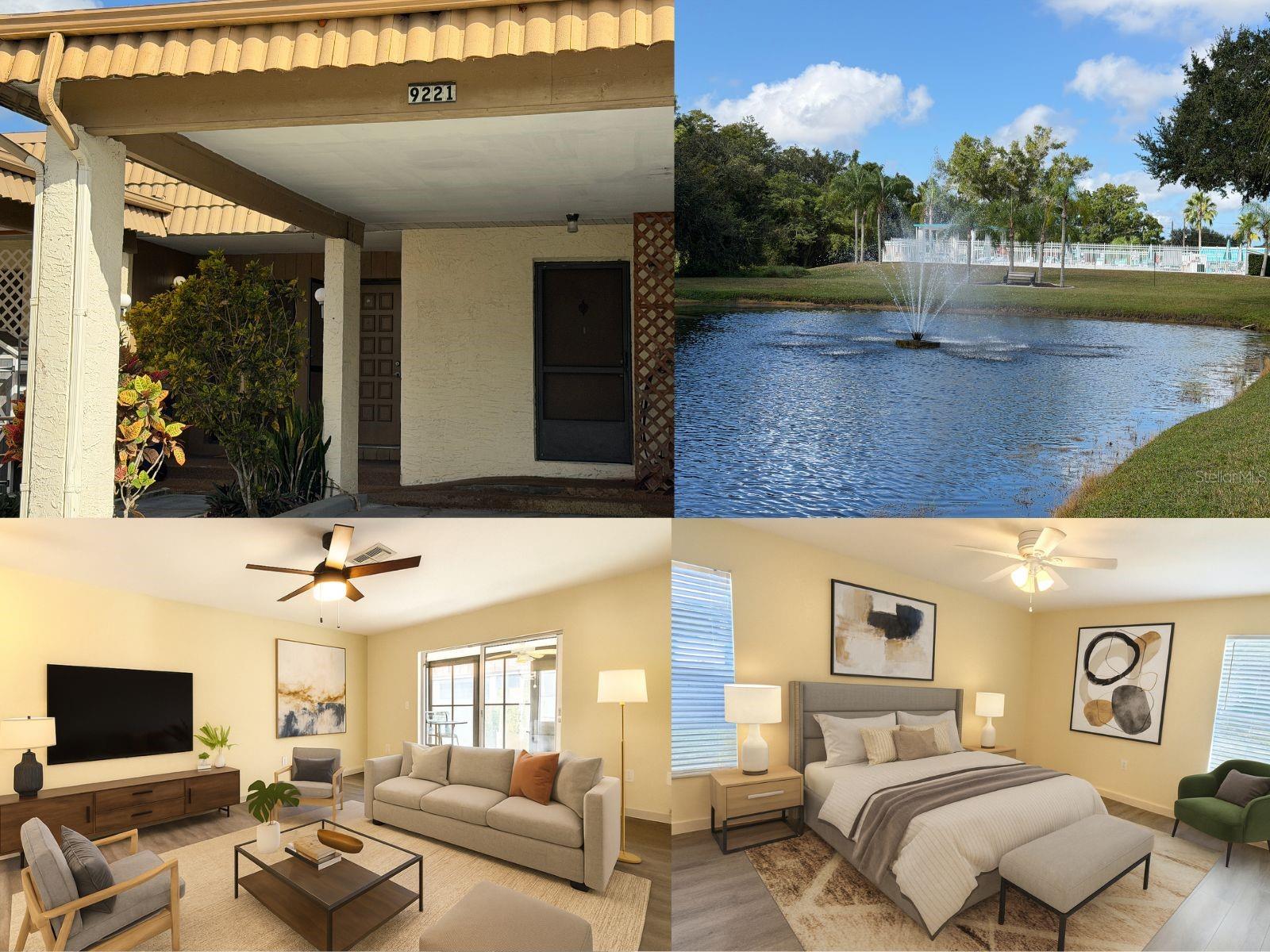 Virtually Staged. Welcome home to this beautifully updated 2-bedroom, 2-bath villa nestled in a quiet, well-maintained community. Featuring a new roof (Dec 2024), A/C (2023), luxury vinyl plank flooring throughout, and a freshly painted interior, this home is truly move-in ready. The bright, open floor plan offers spacious living and dining areas, while the primary suite features a private bath and a large walk-in closet. Enjoy your morning coffee or unwind in the enclosed back porch with vinyl windows, creating the perfect year-round retreat. Additional highlights include an indoor laundry room, ample storage, and low-maintenance living with affordable HOA fees. Residents enjoy resort-style amenities, including a sparkling community pool, shuffleboard courts, and a peaceful waterfront seating area. Conveniently located near shopping, dining, medical facilities, parks, and everyday conveniences, this villa offers the perfect blend of comfort, convenience, and carefree Florida living. Don’t miss this opportunity—schedule your private showing today!