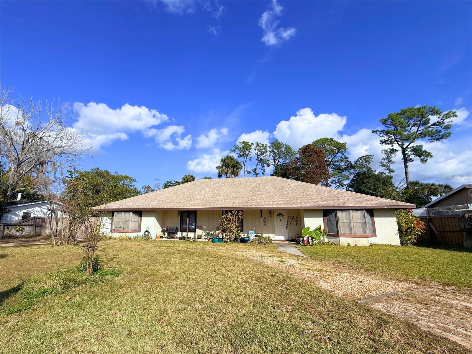 Investor Opportunity or the Perfect Canvas for Your Dream Home! Nestled on a spacious .34-acre lot towards the end of a quiet dead-end street, this 3-bedroom, 2-bath home with a bonus room offers privacy, flexibility, and endless potential. A side-entry two-car garage and functional floor plan make this property ideal for renovation, investment, or customization. Inside, the spacious kitchen features a center island and is connected to the dining room, creating an open and functional layout ideal for everyday living and entertaining. The home includes recent updates, such as a new A/C unit installed in 2023 and a new oven/stove added in 2025, offering peace of mind while you personalize the remaining spaces. The primary suite boasts a walk-in closet and sliding glass doors that open directly to the back porch—perfect for morning coffee or relaxing evenings. The bonus room provides versatile space that can be used as a home office, playroom, fitness area, or guest retreat. Step outside to an expansive backyard complete with a storage shed and an outdoor fireplace, creating a cozy setting for gatherings and entertaining. While the home does need updates, it’s full of character and opportunity—making it an excellent choice for investors, flippers, or buyers ready to add their personal touch. Conveniently located just minutes from the beach, shopping, dining, and everyday amenities, with easy access to major highways and the Daytona International Speedway, this home offers the perfect balance of coastal living, convenience, and entertainment. Don’t miss the opportunity to transform this well-located property into something truly special!
