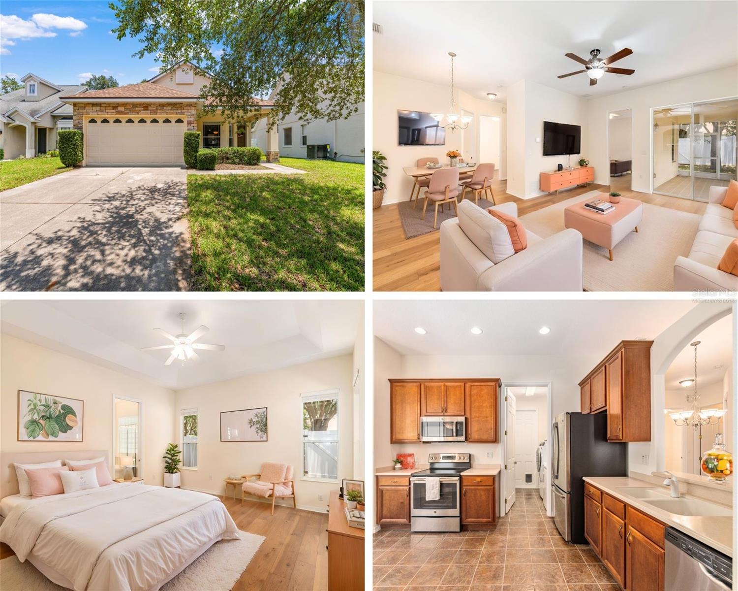 Virtually Staged. Located in STONEGATE AT SILVER LAKE, an ALL-AGES GATED community! This well-maintained 3 BED / 2 BATH / 2-CAR GARAGE home offers NEWER MAJOR SYSTEMS including ROOF 2025, HVAC WITH GAS FURNACE 2026, and GAS WATER HEATER 2026. Enjoy 10 FT CEILINGS, 8 FT DOORS, and ENGINEERED HARDWOOD FLOORING (2025) in the main living areas (NO CARPET). The kitchen features tile floors, 42” CABINETS, CORIAN COUNTERS, GE STAINLESS APPLIANCES, a half bay window, closet pantry, and a pass-through arch to the dining room. The living room includes a ceiling fan and SLIDER TO THE SCREENED LANAI overlooking the FENCED BACKYARD with a rear gate (No Homes Behind). The spacious PRIMARY SUITE offers engineered hardwood, a walk-in closet, and a large en-suite with tile flooring, DUAL SINKS, STEP-IN SHOWER with tile walls & floor, GARDEN TUB, and GLASS BLOCK PRIVACY WINDOW. Additional features include INSIDE LAUNDRY ROOM with upgraded GE front-load washer & GE dryer, mature landscaping, painted front porch & rear lanai, a garage with workbench, shelving, attic access, and pet door. HOA includes GATED ENTRANCE, COMMUNITY POOL (Walking distance), CLUBHOUSE, PLAYGROUND, and SIDEWALKS. Convenient location, so close to shopping, Publix (1.5mi), Lowes (1.7mi), Lake Sumter State College (1.6mi), medical, and restaurants! A clean, move-in-ready home with BIG-TICKET UPDATES already done — a fantastic opportunity in Stonegate at Silver Lake.