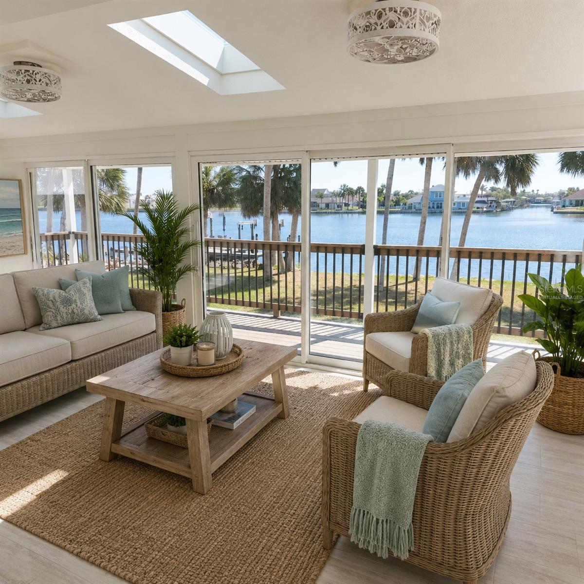 Virtually Staged. Wake up to the river with coffee in hand — watch the dolphins play and the boats roll by from your private deck. This Lambert Avenue retreat brings a coastal vibe throughout, with ocean-inspired tones that blur the line between indoors and out, all wrapped around nearly 3,880 sq ft of true multigenerational living on the water.
Set on almost half an acre, the property offers space and privacy rarely found this close to the water — room for a future pool, garden, or simply to spread out and enjoy the river breeze under mature trees.
Second Floor: this primary living space spans approx 2,700 sq ft with 4 bedrooms, 2 bathrooms, an open layout with media room, and a huge sunroom with a wall of sliding doors opening to a sprawling covered deck with unobstructed Matanzas River views — the kind of space where mornings start with coffee and sunsets end with a glass of wine. The kitchen is outfitted with LG appliances, shaker cabinets, quartz countertops, a designer tile backsplash, and a coffee bar with a full wall of designer tile and shelving for all your coffee condiments. The bathrooms feature floor-to-ceiling tile, wood vanity sinks, and a rainfall shower head for a spa-like experience at home.
First Floor: with its own private entrance, a 2-bedroom, 1-bath in-law suite continues that same coastal style — full kitchen, dining, living room, full bath, and river views — perfect for extended family, guests, or long-term tenant income.
A third bonus 1-bedroom suite with its own sunroom offers incredible upside — fully plumbed for a kitchenette and bath, ready to become a third living space, studio, home office, or guest retreat.
Move-in ready from top to bottom: new roof, three HVAC systems, water heater, Hardie board siding, concrete driveway, windows and doors, and dramatic 24-foot sliding glass doors. With 81 feet of direct river frontage, a transferable dock permit, riparian rights, a 3-car garage with half bath, and no HOA — this is rare value for this level of finish on Lambert Avenue. Launch a kayak at sunrise, fish off your own backyard, or simply sit back and watch the river change with the tides. Just minutes from downtown Flagler Beach's shops, restaurants, and pier. Homes like this don't come up often. Schedule your private showing today.