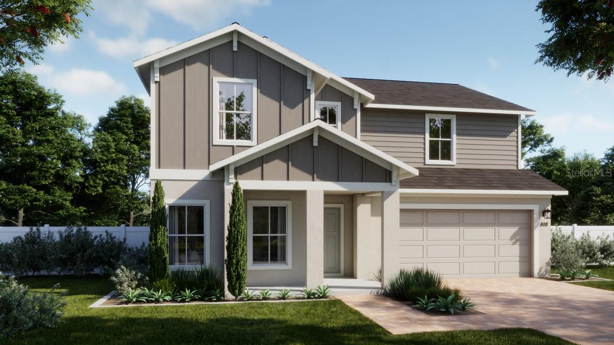 Under Construction. Welcome to our only quick-delivery Finn plan in Eagletail Landings featuring a main floor guest suite! This exceptional home offers comfort and flexibility in a beautifully designed open-concept layout and features a total of 4 bedrooms and 3.5 baths, including a convenient first-floor guest bedroom with ensuite bath - great for hosting guests or multi-generational living. The spacious family room is adjacent to the café area which flows seamlessly to a covered rear lanai, ideal for entertaining and outdoor living. The well-appointed kitchen showcases beautiful cabinetry, quartz countertops, and stainless steel appliances, while tile flooring throughout the first-floor main living areas add both style and convenience. Upstairs, a versatile family room/loft provides additional gathering space, or can be used for a media room, exercise suite, or retreat. The Primary bedroom impresses with an en-suite bath featuring an oversized walk-in closet, dual sinks with adult-height vanity, quartz countertops, and a luxurious walk-in shower with wall tile surround, making this home a perfect blend of comfort, function, and modern design. Exterior features include attractive landscaping and brick paver driveway and lead walk for great curb appeal. Outstanding Community amenities include Resort-style Pool and shaded Playground. Eagletail Landings is located just south of Lake Harris and near some of the best outdoor recreation in the state as well as Lake County's breathtaking chain of lakes and scenic trails, and a thriving downtown area is just a short drive away, along with 2 nearby championship golf courses designed for a challenging and enjoyable day on the greens.