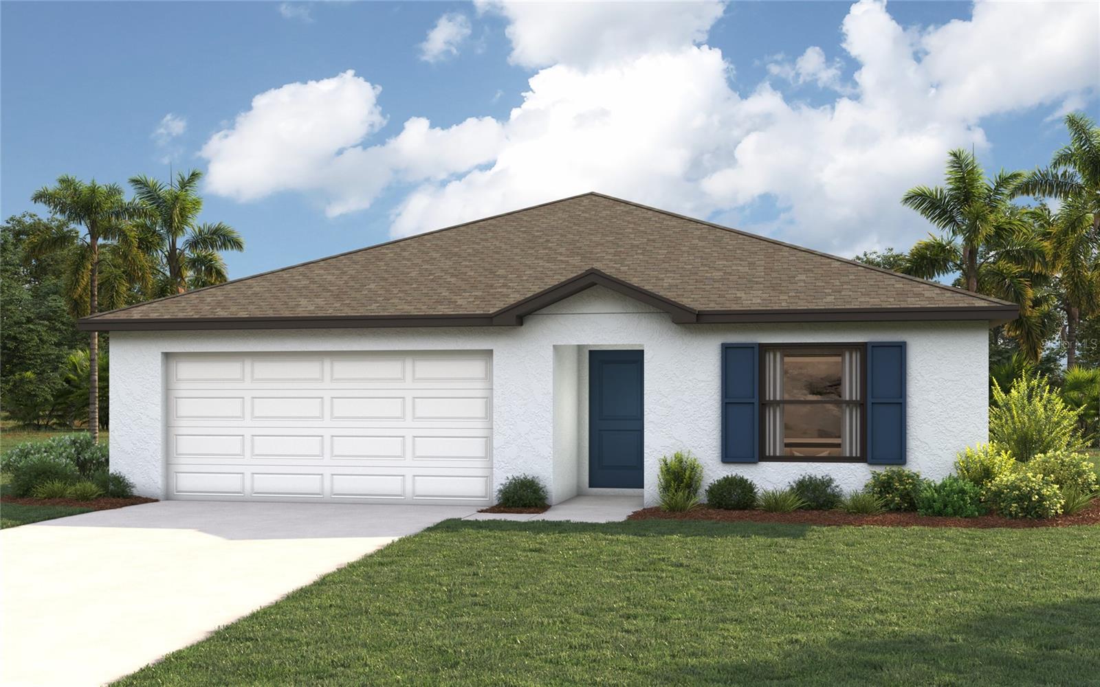 Under Construction. NEW CONSTRUCTION -estimated delivery September 2026!  SPECIAL INCENTIVES: Up to $16k toward closing costs, rate buydowns, and prepaids when using preferred lender and title.   Designed for comfortable Florida living, this thoughtfully crafted three-bedroom, two-bath home offers an open-concept layout that maximizes both space and functionality. A welcoming foyer leads into the heart of the home, where the kitchen overlooks the spacious Great Room and dining area, creating the perfect setting for entertaining or everyday living.  The vaulted ceiling enhances the main living space, while sliding glass doors open to a covered lanai, seamlessly blending indoor and outdoor living. The kitchen features a central island with additional seating and plenty of workspace, making it the natural gathering place for family and friends.  Privately situated at the rear of the home, the primary suite offers a peaceful retreat with a generous walk-in closet and an ensuite bath featuring dual vanities and a walk-in shower. Two secondary bedrooms, located near the front of the home, share a full bath and provide flexibility for guests or a home office.  Located off the kitchen, the laundry room provides direct access to the spacious two-car garage for added everyday convenience.  This is a new home design by the builder - exterior rendering is for display purposes only.