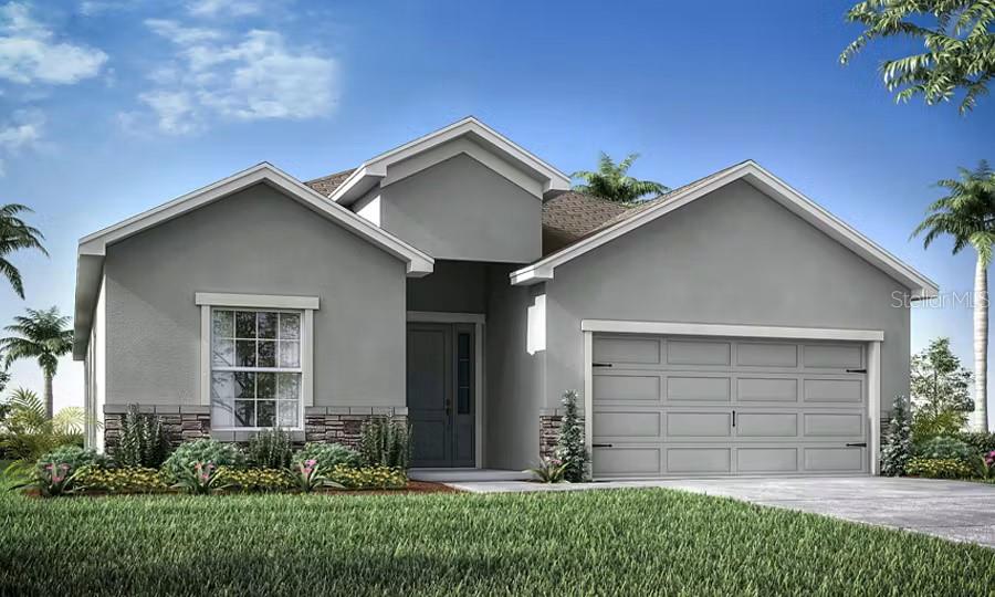 Under Construction. New construction home with 2029 square feet one-story including 4 bedrooms, 2.5 baths, and an open living area. Enjoy an open kitchen with Granite countertops, Samsung stainless steel appliances, pantry, and a spacious counter height island, fully open to the dining café and gathering room. The living area, laundry room, and baths include luxury wood vinyl plank flooring, with stain-resistant carpet in the bedrooms. Your owner's suite is complete with a walk-in wardrobe and a private en-suite bath with dual vanities, a tiled shower, and a closeted toilet. Jack-and-Jill Hall bath with an enclosed tub and toilet, accessed from bedrooms 3 and 4. Plus, enjoy a covered lanai, 2-car garage, custom-fit window blinds, architectural shingles, energy-efficient insulation and windows, and a full builder warranty.