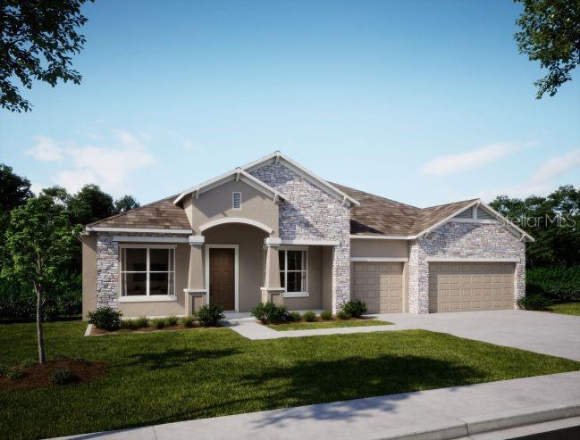 Pre-Construction. To be built. Elegance and comfort come together beautifully in this stunning home at Garden City, a thoughtfully designed residence set within a gated lakefront community where scenic water views, natural beauty, and a peaceful Florida lifestyle create an exceptional place to call home. Located just 15 minutes from Clermont, Garden City combines tranquil surroundings with convenient access to shopping, dining, entertainment, and everyday necessities.
Situated on a large corner homesite at the end of a peaceful cul-de-sac, this beautifully landscaped property enjoys additional yard space, water views and enhanced privacy. A full sod and irrigation package complements the exterior, while the metal roof, stone accents, entry pavers, paver driveway, and impressive 8' full-lite front door create striking curb appeal.
Inside, soaring 10' ceilings create an immediate sense of openness and grandeur, while custom interior paint, crown molding, a deluxe interior trim package, and upgraded lever door hardware add timeless elegance throughout. The spacious foyer opens to a formal dining area and a separate living area, creating an ideal space for a home office, library, or quiet retreat.
At the heart of the home, the open-concept great room is filled with natural light and enhanced by additional LED lighting, creating an inviting setting for both everyday living and entertaining. The adjoining gourmet kitchen is designed to impress with quartz countertops, a decorative tile backsplash, soft-close cabinetry, the Chef's Kitchen stainless steel appliance package featuring a built-in wall oven and cooktop, and an oversized center island that serves as both a gathering place and functional workspace. A bright breakfast nook completes this beautifully designed living area.
Ceramic tile flooring extends throughout the main living areas, providing both style and durability, while the bedrooms deliver added comfort and privacy. The luxurious owner's suite serves as a relaxing retreat with generous space, a large walk-in closet, and a spa-inspired bath featuring an oversized tile shower, upgraded quartz countertops, and designer finishes.Secondary bedrooms each include walk-in closets, providing flexibility and storage for guests or additional living needs.   Secondary baths are equally well-appointed with upgraded countertops, a tiled tub and shower combination in one bath, and a full tile shower in the third bath.
Outdoor living is just as inviting with a covered lanai featuring an acrylic finish, creating the perfect setting for morning coffee, outdoor dining, or unwinding while enjoying the peaceful surroundings.
Practical enhancements are found throughout the home, including an upgraded laundry room with quartz countertop and wall cabinets, Deako Smart Switches, a Smart Thermostat, Ring Video Doorbell, and a Keyless Entry Smart Door Lock. Completing the home is a spacious 3-car side-entry garage, providing ample room for vehicles, storage, and recreational equipment.
Thoughtfully crafted with premium finishes, modern technology, and exceptional attention to detail, this beautifully appointed Sienna combines luxury, comfort, and everyday functionality in one remarkable lakefront community setting. Backed by a full builder warranty, this is a rare opportunity to enjoy refined Florida living in a truly exceptional location.