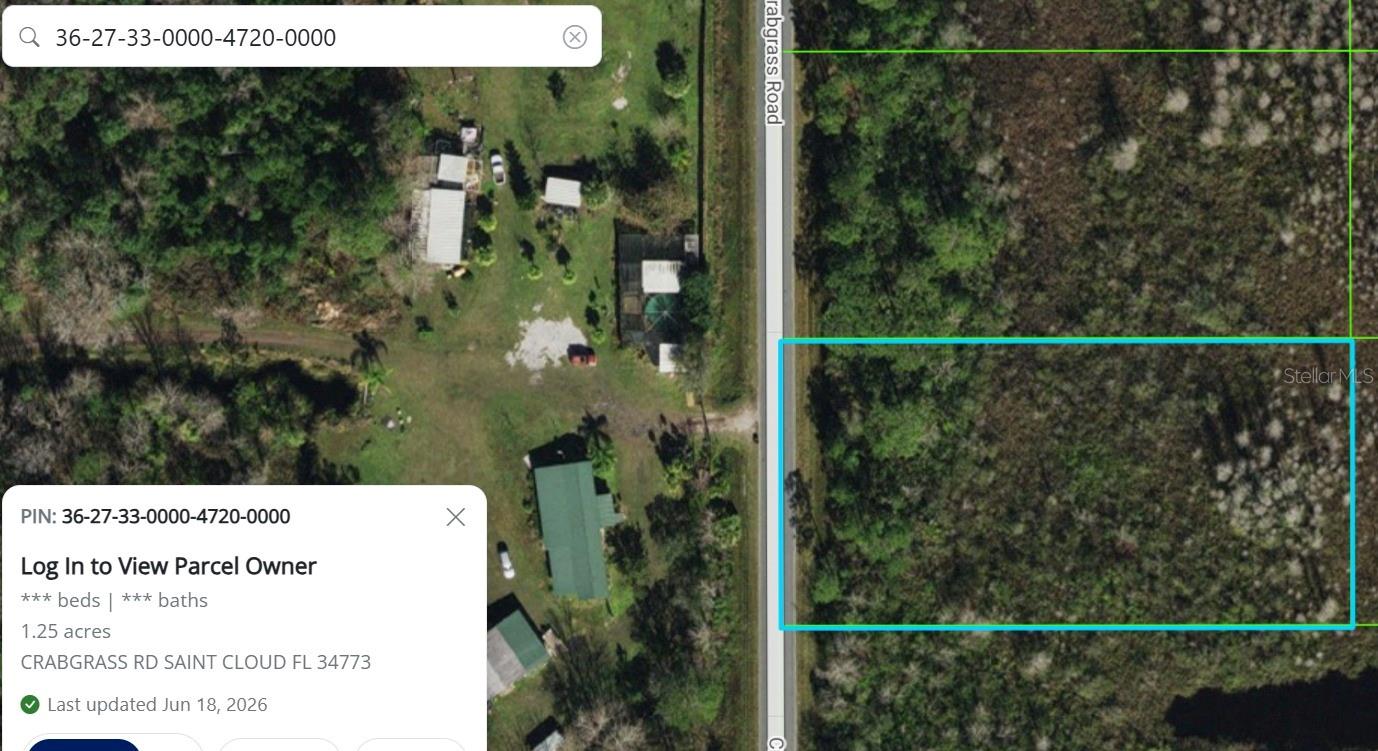 Discover the potential of this 1.25-acre vacant lot located on Crabgrass Rd in St. Cloud, Florida. With approximately 330 feet of frontage and 165 feet of depth, this spacious parcel offers an excellent opportunity for investors, builders, or buyers looking to create their own private retreat.

Surrounded by established homes while maintaining a peaceful rural atmosphere, this property provides the perfect balance of privacy and convenience. Located just a short drive from St. Cloud, Lake Nona, Medical City, Orlando International Airport, and major highways, you'll enjoy easy access to shopping, dining, schools, and Central Florida's top attractions.

Whether you're planning to build your dream home, hold as a long-term investment, or explore future development opportunities, this property offers exceptional value in one of Central Florida's growing areas. The increasing demand for land in the St. Cloud corridor makes this an attractive opportunity for those looking to invest in the area's continued growth.

Buyer to verify all zoning, land use, building requirements, environmental conditions, and intended uses with Osceola County. Don't miss this opportunity to own 1.25 acres in a rapidly expanding market!