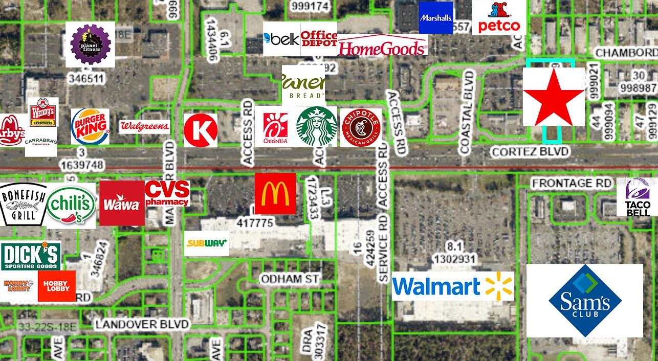 INCREDIBLE C2 COMMERCIAL LOCATION!! One of the best locations in the county! 3.29 acres made of a total of 5 lots on Cortez Blvd just across from Walmart Supercenter! Public water and sewer available. Annual Average Daily Traffic Count is very high at 44,000!! Located in the center of the county and in a hugely populated area...and the only larger land parcel still undeveloped right on Cortez near this busy intersection of Mariner and Cortez/Hwy 50. Also nearby is Starbucks, Wawas, Circle K, Chick-fil-a, McDonald's's, Beacon Movie Theater, Walgreens, CVS, Texas Roadhouse, Carrabba's, Chili's, Bonefish, Ruby Tuesdays, Hobby Lobby, Dick's Sporting Goods, Office Depot, Home Goods, Marshals, Belk, Bealls, Burger King, Wendy's, Arby's...and soooo much more!! The lots also have access from the road in the back, Chambord Street, for extra and convenient access in and out of the property. You have 5 BUILDABLE LOTS!! You can put multiple buildings/businesses on the property or you can have one large business with the amount of acreage you have. Each lot is approximately 100x277. All 5 lots are zoned C2.  This sale includes 2 parcels that make up the 5 lots: R28 222 18 3040 00A0 0370 and R28 222 18 3040 00A0 0420. Public water and sewer available for connection.  Buyer must put in 15 parking spots that Bomhoff (neighbor) can use to accommodate parking (on his Lot 43)  and provide storm drainage to accommodate those spaces and an additional 2600 sq ft building. See attached agreement.