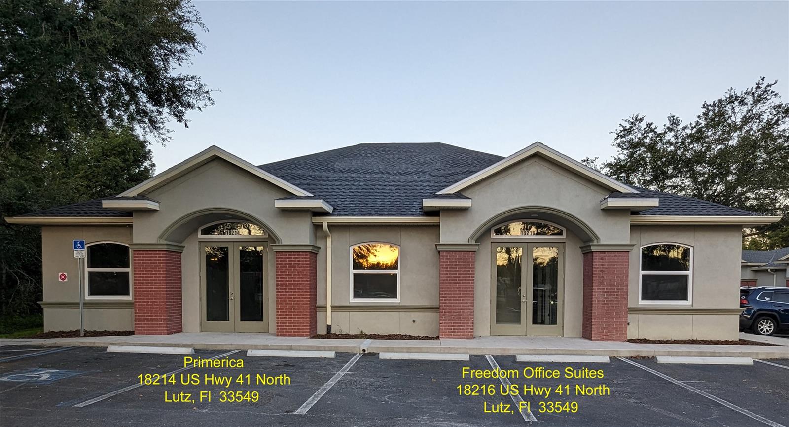Premium Executive Suites available.  Starting at 600/mo North Tampa, Lutz. New Construction - Completed September 2023.  Superior US Hwy 41 frontage.  The space is configured into 6 executive suites with separate entrance, 2 kitchens and a conference room.  Separate meters and AC.  Reserved parking for 11.  Go to www.freedomofficesuites.com