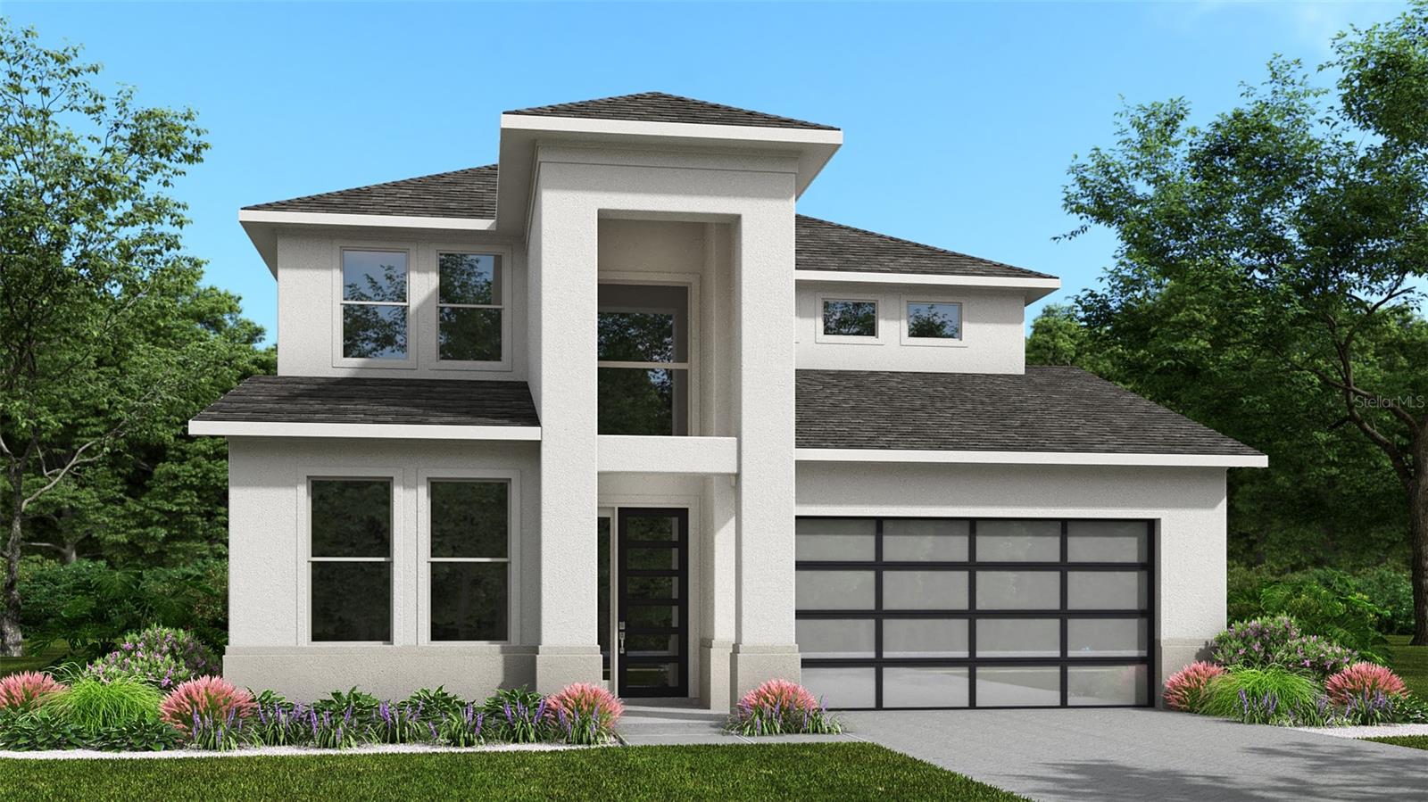 Under Construction. The two-story front porch welcomes you into the entryway. A secluded guest suite with a full bathroom and large walk-in closet is off the main entrance. French doors lead into the home office that offers abundant natural light. The kitchen features a large island with built-in seating space and a corner walk-in pantry. The dining area is embraced by a corner of windows. The family room boasts tall ceilings and large windows with a sliding glass door that opens to the extended covered backyard lanai. The primary bedroom highlights three large windows and a tray ceiling. Double doors lead to the ensuite bath, which includes dual vanities, a freestanding tub, a glass-enclosed shower, and an oversized walk-in closet. Upstairs you are greeted by the game room, which is surrounded by windows on two sides. Two secondary bedrooms, each with walk-in closets and a shared bathroom, complete the second level. The home offers ample storage throughout. The laundry room is located off the three-car garage that opens into the drop zone area.