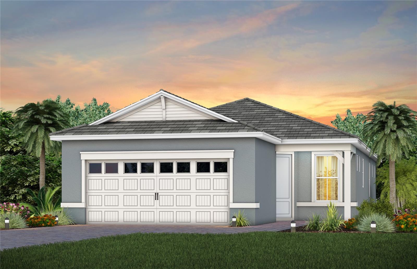 Under Construction. The one-story Contour home by Del Webb features 2 bedrooms, an enclosed flex room, 2 bathrooms, a 2-car garage, and an extended covered lanai—ideal for both comfortable living and easy entertaining. The heart of this home is the stunning kitchen, designed for both beauty and function. It’s appointed with Soft-Close Dana White Cabinetry, elegant quartz countertops, and a striking decorative tile backsplash. The upgraded Whirlpool appliances—including a natural gas range and a refrigerator—along with a stainless-steel single-bowl sink and upgraded faucet, make this space a chef's dream. Whether preparing meals or hosting guests, this kitchen inspires. The open-concept design flows seamlessly into the café and gathering room, both flooded with natural light from ample windows. A sliding glass door opens to the covered lanai, merging indoor and outdoor living for an inviting and relaxing experience. The owner's suite, located at the back of the home for maximum privacy, offers a true retreat. The spa-inspired en suite bath features a dual vanity with quartz countertops, an enclosed toilet, a frameless glass-enclosed shower with a built-in bench and tile extending to the ceiling, a linen closet, and a spacious walk-in closet. At the front of the home, the secondary bedroom and bathroom are paired with the versatile flex room, providing privacy and space for guests or loved ones. The flex room can serve as a home office, hobby space, or anything that fits your lifestyle. Designer touches are evident throughout, with brushed nickel plumbing fixtures and hardware, a Whirlpool washer and dryer, and 2” faux wood blinds. Every detail of this home has been thoughtfully curated, from comfort-height toilets to the Sherwin Williams First Star interior paint and 8’ interior doors. The exterior includes thoughtfully placed gutters. Inside, wood-look luxury vinyl plank flooring flows throughout the entire home, except for the bathrooms and laundry room which are outfitted with tile. Don’t miss the chance to make this exceptional home yours. Schedule a tour today!