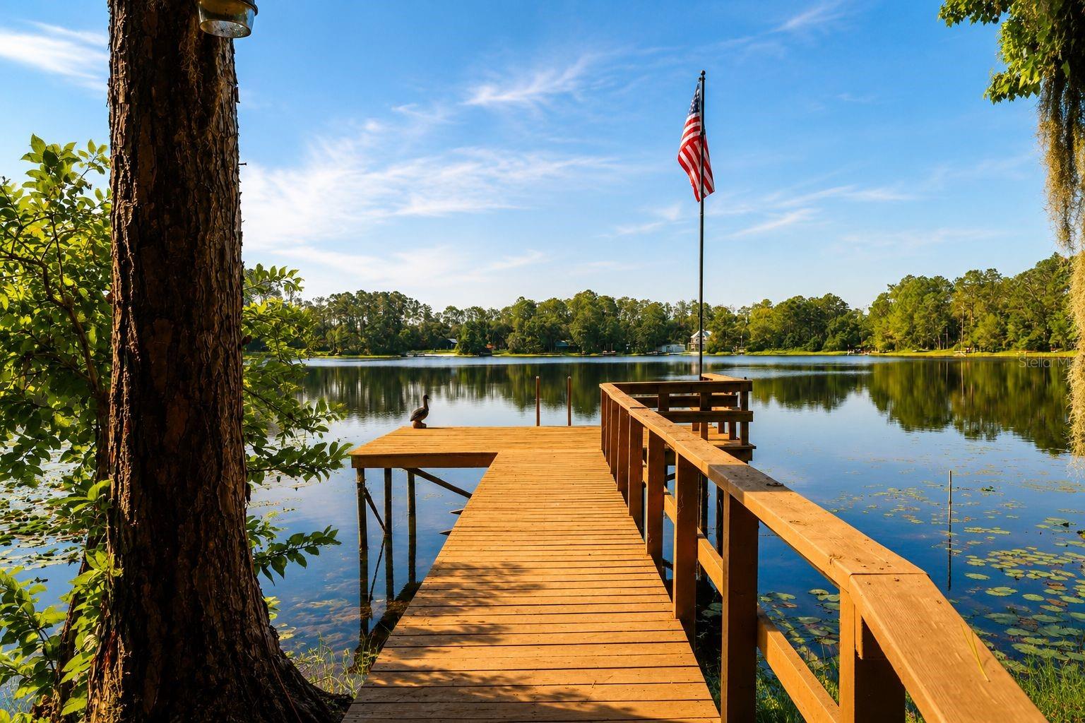 Dreaming of lakefront living? This gorgeous two-story home offers breathtaking views of a private spring-fed lake, where you can enjoy swimming, kayaking, fishing, or simply relaxing in nature. The main living area upstairs features 3-bedrooms and 2-bathrooms, along with an open-concept kitchen and family room. A stunning 12x54 screened-in porch, equipped with an elevator lift, provides the perfect place to take in the spectacular lake views. Downstairs, you'll find a spacious 28x28 living area complete with its own kitchen and bathroom-ideal for guests, extended family, or a mother-in-law suite. Additional features include a large, covered carport that also serves as an excellent entertaining space for family gatherings, whole-house generator, fireplace, irrigation system, durable metal roof, beautiful new wood flooring, fresh interior paint throughout. Whether you're looking for a peaceful retreat or a home designed for entertaining, this property offers the best of both worlds.