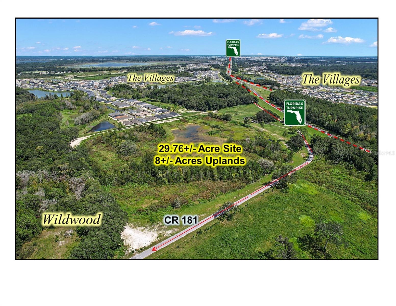 REDUCED - Offering is for 29.76+/- acres with 8+/- acres of uplands. Property is in the City of Wildwood and highly visibility from the Florida Turnpike with 47,500 FDOT Avg trips per day & over 1,000+/- ft of visibility on the Turnpike and minutes from I-75 and 817+/- Ft on CR 181. Site is located near The Villages; the largest retirement community is the US and still growing with a current population of over 140,000+.   The value is in the land there are 2 houses on the property, and one is tenant occupied.  Do Not Disturb. Entry without an appointment is trespassing. All information is believed correct and accurate but not guaranteed or warranted and subject to change without notice.