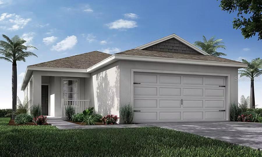 Under Construction. New construction home with 1,486 square feet on one-story including 3 bedrooms, 2 baths, and an open living area. Enjoy an open kitchen with Quartz countertops, Samsung stainless steel appliances, pantry, and a spacious counter height bar, fully open to the dining café and gathering room. The living area, laundry room, and baths include luxury wood vinyl plank flooring, with stain-resistant carpet in the bedrooms. Your owner's suite is complete with a walk-in wardrobe and a private en-suite bath with dual vanities, a tiled shower, and a closeted toilet. Plus, enjoy a covered lanai, 2-car garage, custom-fit window blinds, architectural shingles, energy-efficient insulation and windows, and a full builder warranty. Please note, virtual tour/photos showcases the home layout; colors and design options in actual home for sale may differ. Furnishings and décor do not convey."