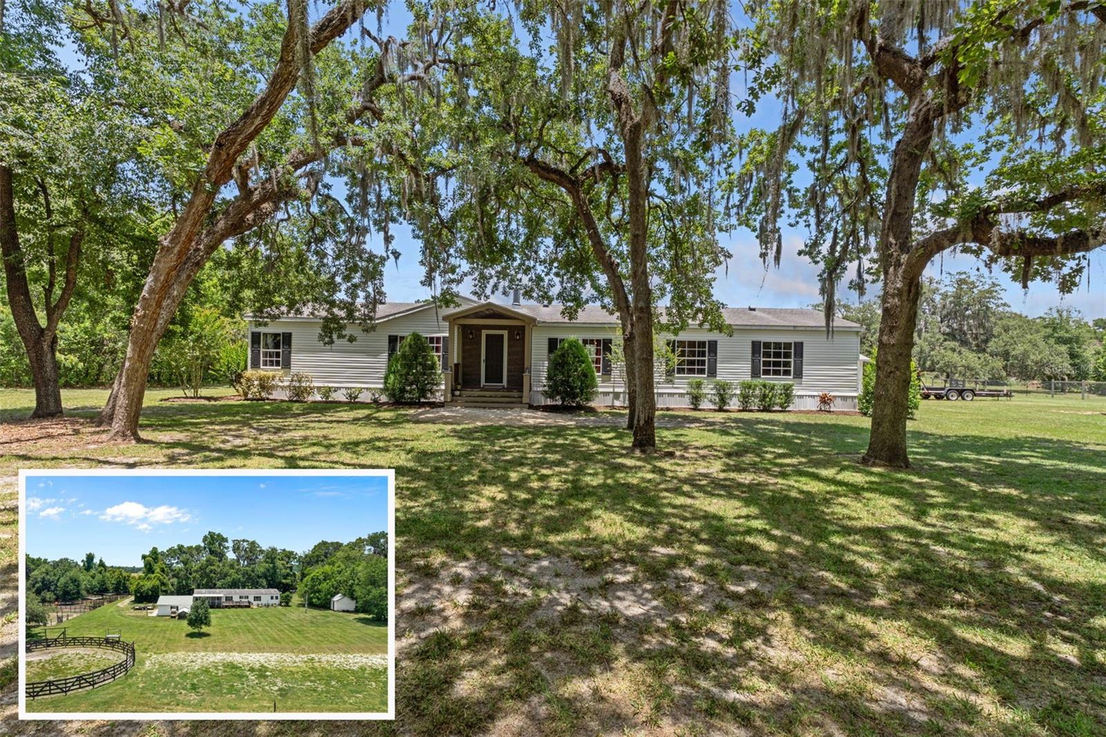 Equestrian opportunity on 2.5 AG-zoned acres in Brooksville! Thoughtfully designed for horse owners, this well-equipped property offers the functionality, space, and improvements needed for both everyday riding and equine care, while also providing potential opportunities for agricultural or home-based business use. The horse-ready setup includes three wood-fenced paddocks, one wire-fenced paddock, perimeter fencing, a 60-foot round pen with two water sources, and a 70' x 140' riding arena with two water sources. Water is available at each paddock, making daily horse care both convenient and efficient. The property also features a chicken coop tractor, offering additional flexibility for hobby farming and agricultural pursuits. The 4-bedroom, 2-bath manufactured home has been extensively renovated and showcases quality craftsmanship throughout. Custom woodwork, high-end trim details, chair rail accents, and upgraded finishes create a warm and inviting atmosphere. The remodeled kitchen features all-wood cabinetry with soft-close doors and drawers, while the updated bathrooms offer stylish finishes, including wainscoting and newer flooring. A striking two-sided fireplace with an updated custom mantel serves as the centerpiece between the living and family rooms. Additional improvements include updated flooring throughout, upgraded CPVC water lines, a newer front entry door, and a gated driveway entrance. Outside, the grounds have been professionally landscaped, enhancing the property's curb appeal and creating a beautiful setting that complements the rural lifestyle. The property also features a finished detached garage/workshop complete with an additional 10' x 24' insulated office/tack room with built-ins, providing an ideal space for business operations, horse-related activities, storage, or a home office. A separate storage shed offers even more room for equipment, tools, feed, and supplies. Whether you're seeking a private equestrian retreat, a horse-centered lifestyle, a small agricultural operation, or the potential for private boarding and business opportunities, this unique Hernando County property offers the infrastructure, versatility, and improvements that are difficult to find, all with much of the hard work already completed.