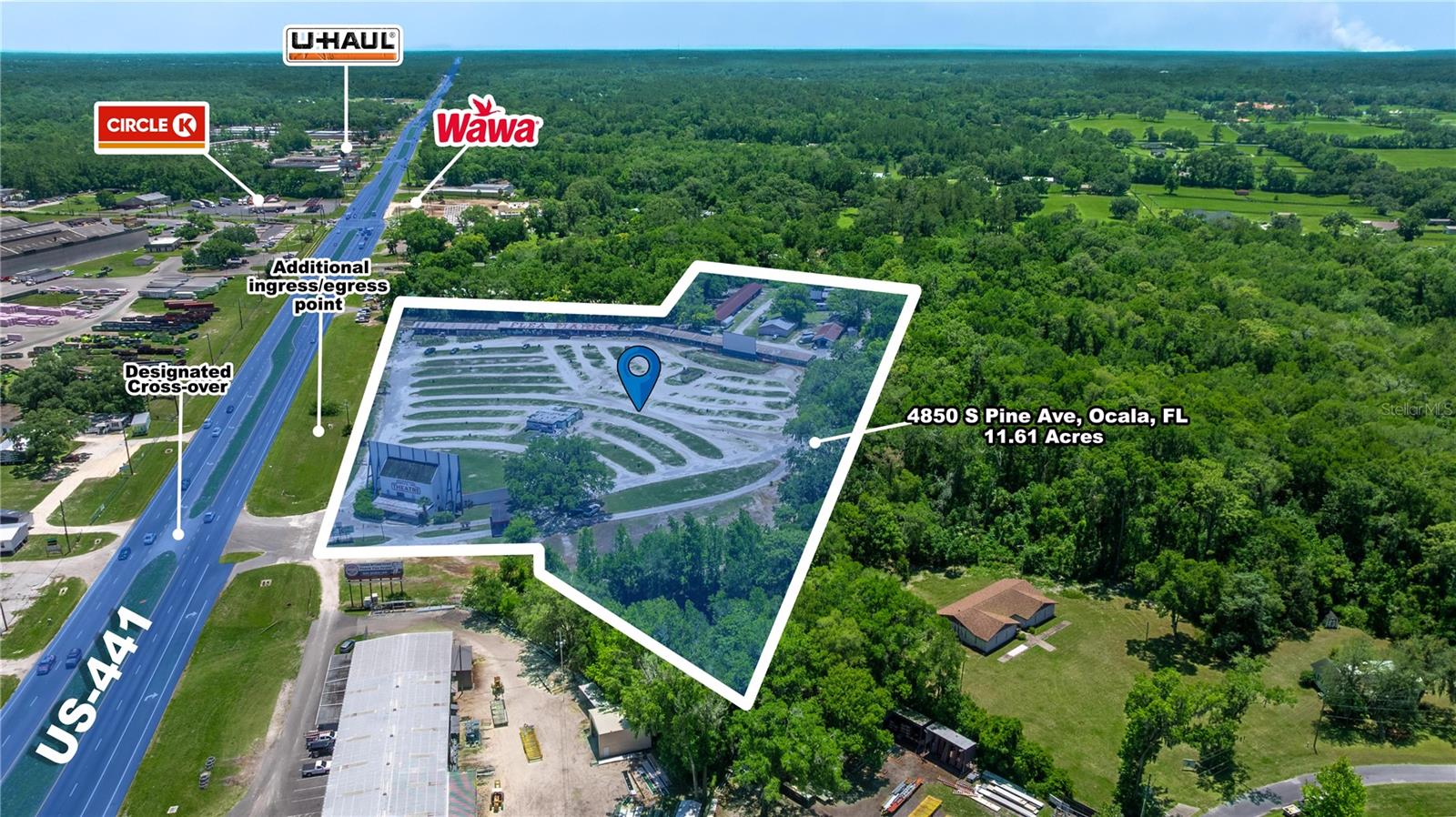 All offers will be considered - Located strategically between Ocala and Belleview, this exceptional commercial property offers over 920 feet of direct frontage on busy US HWY 441, with an impressive annual average daily traffic count of 30,000 vehicles. Situated in the heart of South Ocala’s growth corridor, the site is ideal for redevelopment and well-positioned to benefit from the area's continued expansion. Zoned B-4 (Regional Business), the property supports a wide range of potential commercial uses including, but not limited to, a storage facility, warehouse, retail or shopping center, multifamily apartments, or mixed-use development. The site is equipped with public water and sewer, and also includes a private well. Key site enhancements include commercial-grade chain link perimeter fencing, an owner’s suite apartment, multiple pole barns, and a substantial lime rock base in the common area, contributing to improved site conditions and development readiness. Additional infrastructure features include a DRA already in place, multiple ingress and egress points, and a dedicated crossover median on US 441, significantly reducing future development costs and streamlining site planning and permitting. Offered at the appraised site value, this high-visibility location presents strong potential for developers, investors, and business owners looking to establish a presence along one of Marion County’s busiest thoroughfares.