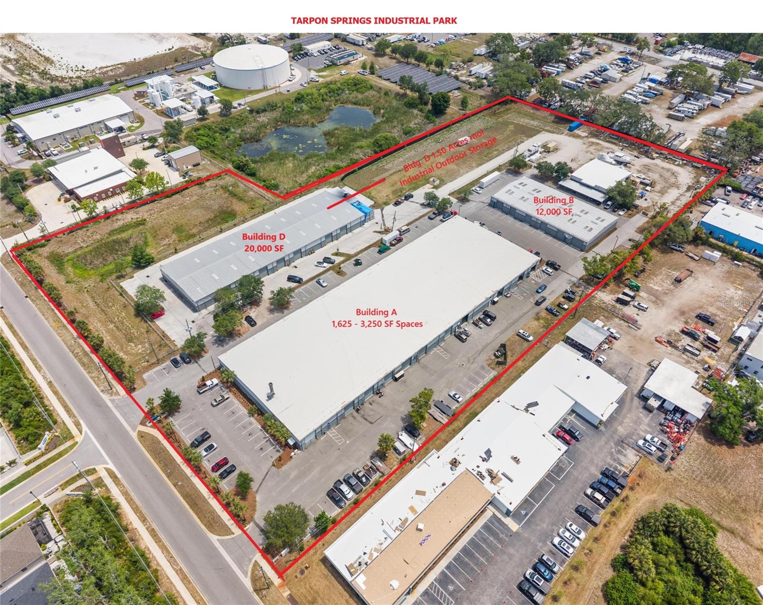 Tarpon Springs Industrial Park is an 83,147 SF multi-building industrial campus on approximately 8 acres in Tarpon Springs, with direct access from L and R Industrial Boulevard off U.S. Alternate 19.  The park sits in one of Pinellas County’s most established industrial corridors, surrounded by complementary heavy industrial and contractor-oriented uses.  The park offers two distinct leasing opportunities.  Buildings A and B provide flexible, small-bay industrial space ranging from 1,625 SF to 12,000 SF.  Building D is a standalone 20,000 SF warehouse with exclusive access to 1.5 acres of fenced Industrial Outdoor Storage yard, available from 10,000 to 20,000 SF.  Permitted uses include heavy equipment storage, vehicle and equipment repair, contractor storage, and parking operations.  The property is zoned IR (Industrial Restricted District), which expressly permits these uses.