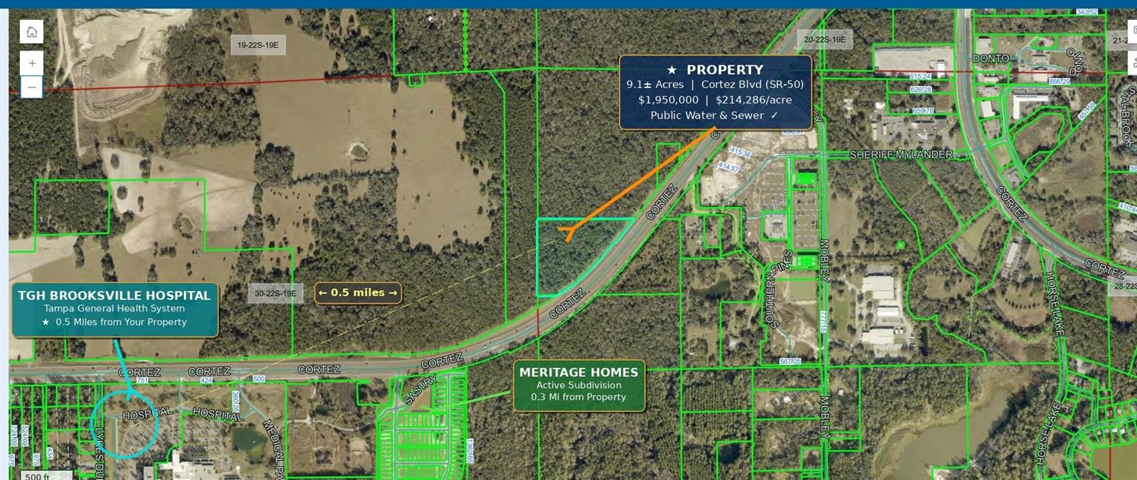 Exceptional 9.10± acre development opportunity with approximately 1,000 feet of frontage on Cortez Boulevard (SR-50), one of Hernando County's fastest-growing corridors. This highly visible property offers county water and sewer availability, outstanding access, and approximately 25,000 vehicles per day, providing tremendous exposure for future development.

Ideally located just minutes from Tampa General Hospital Brooksville and the rapidly expanding Southern Pines/Meritage Homes community, the property sits in the direct path of residential and commercial growth.

Potential uses may include residential development, townhomes, build-to-rent, medical or professional offices, mixed-use, or commercial development, subject to buyer verification with Hernando County.

Large tracts with extensive highway frontage and utility availability are becoming increasingly scarce in this corridor. Whether you're a developer, builder, investor, or land banker, this property presents an outstanding long-term opportunity.

Parcel ID: R29-422-19-0000-0250-0010

Buyer to verify zoning, future land use, permitted uses, utility capacity, dimensions, and development potential during due diligence. Survey not available. Proof of funds or lender pre-approval requested with offers. Possible 1031 exchange opportunity.