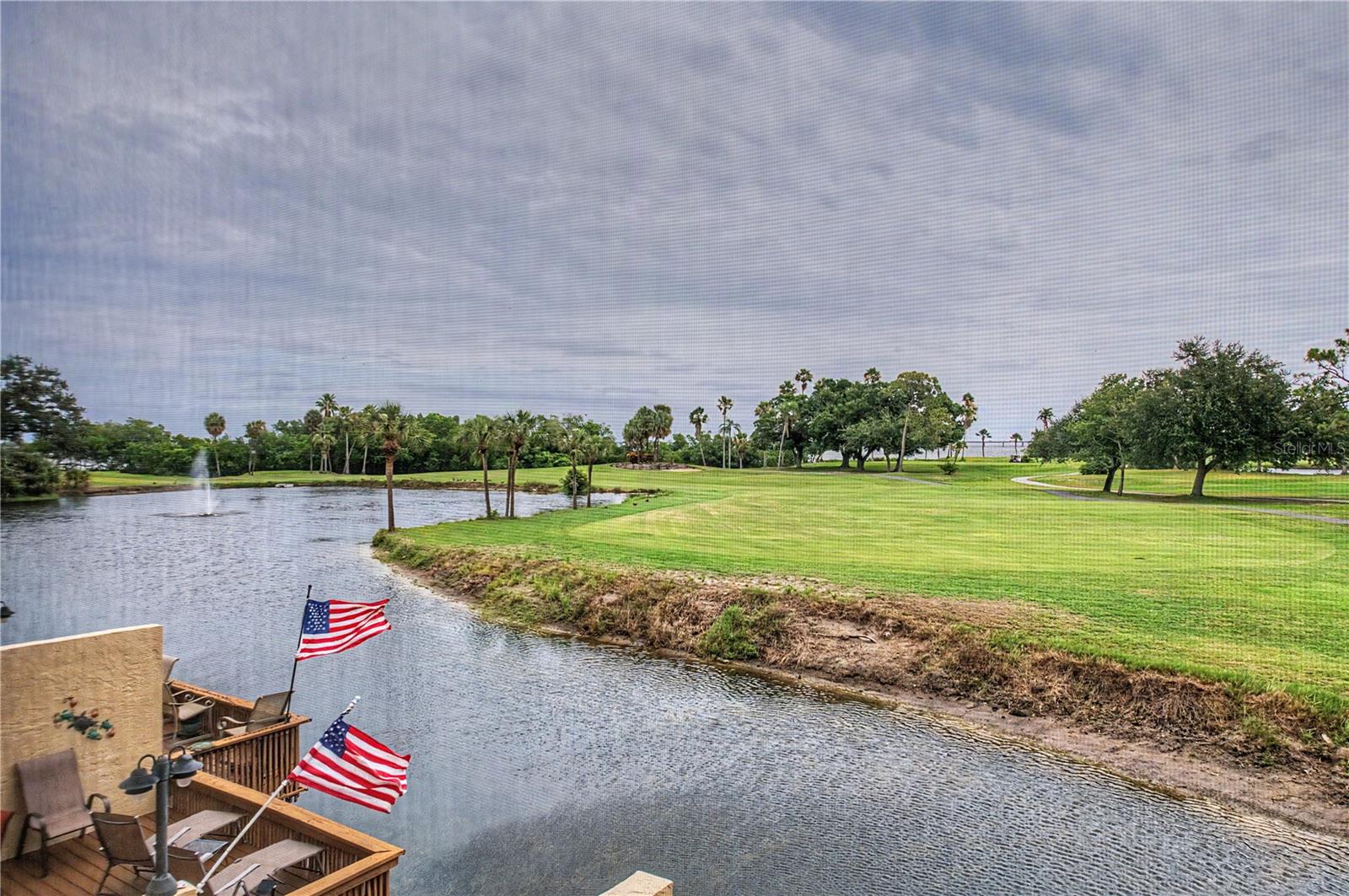 Welcome to one of the most desirable locations in Cove Cay Village 2! This beautifully maintained 2-bedroom, 2-bath corner condominium offers spectacular views overlooking a tranquil golf course pond filled with fish, turtles, and native birds, with picturesque vistas extending across the fairways to Tampa Bay beyond. Inside, you'll find the highly sought-after open kitchen design featuring an expansive granite countertop that is perfect for entertaining, buffet service, and everyday meal preparation. The kitchen is complemented by stainless steel Frigidaire Gallery appliances, a pantry, coffee bar area, and stylish Shaker-style cabinetry. A unique raised ceiling detail with crown molding and ceiling fan adds architectural interest and an upscale touch to the living space. Tile flooring enhances the kitchen, while attractive newer laminate flooring flows throughout the main living areas and bedrooms, creating a clean and cohesive look. Premium Pella double-pane windows with built-in blinds offer energy efficiency, convenience, and quality craftsmanship. The living area opens to a glass-enclosed screened porch through a high-quality Pella sliding door, providing additional living space and a perfect spot to enjoy the peaceful waterfront and golf course scenery year-round.  A private laundry room located directly across the hall is dedicated exclusively to this unit and includes a washer, dryer, and valuable extra storage space. A covered carport is also included for added convenience.  Residents of Village 2 enjoy access to a charming clubhouse featuring a meeting room, library, billiards area, kitchen, and social spaces, along with a beautifully landscaped central pool and spa area that serves as the heart of the community.  All this plus gorgeous views throughout your drive within the complex, an 18 hole championship golf course with full restaurant and bar open 7 days a week, a full service marina available (golf, dining and marina have separate fees) within the community for all your water activity pleasure, 24 hour guard and more make this the Paradise known as Cove Cay.

Whether you're looking for a year-round residence or a seasonal retreat, this exceptional condo offers comfort, convenience, and some of the most captivating views in Cove Cay.