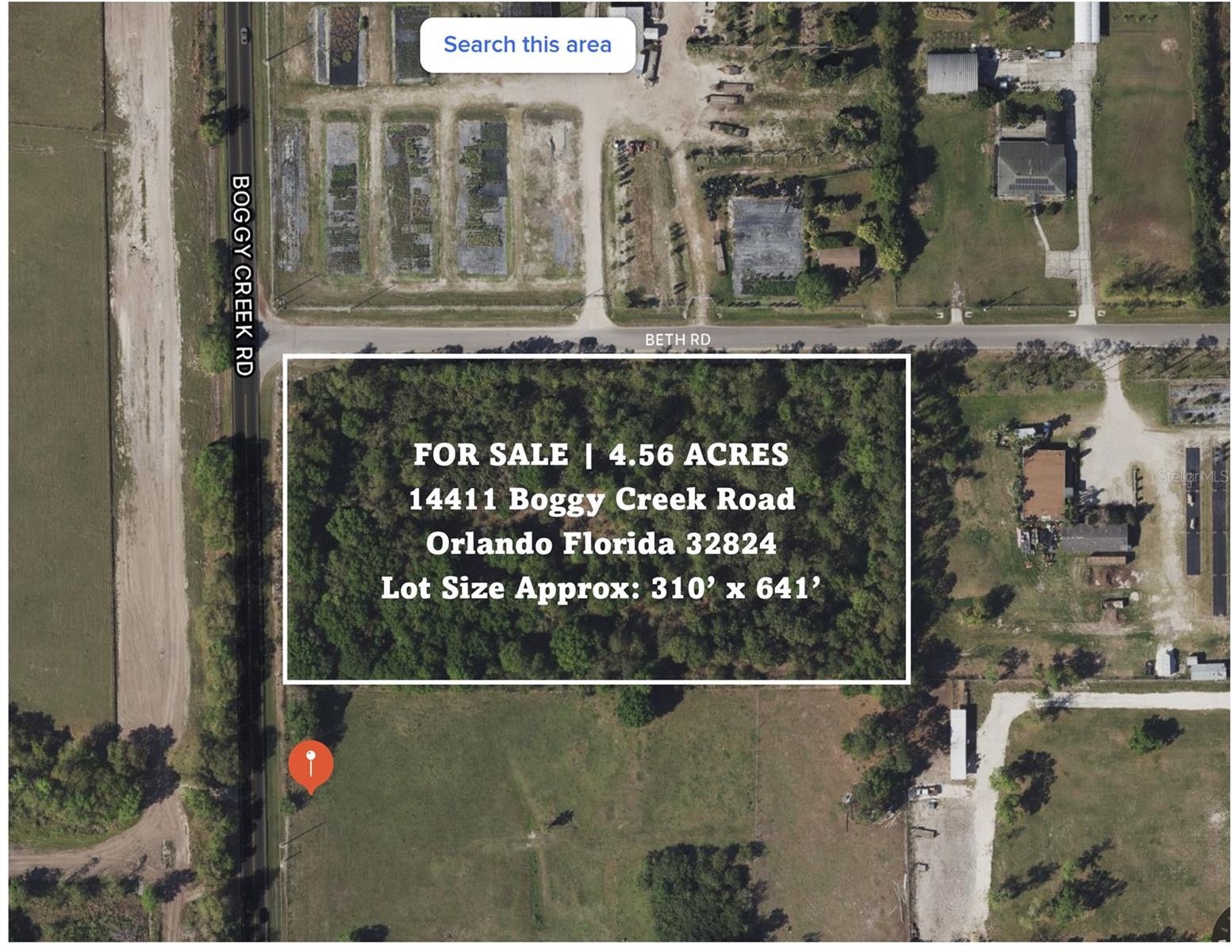4.56 Acres in Lake Nona, which is the fastest-growing community in Orlando.  Property is located on the corner of Boggy Creek Road and Beth Road directly across the street from Adventist Health 114+ acre property.  Includes over 300 feet of frontage on Boggy Creek Road as well as over 640 feet of frontage on Hope Road.  Great location for future medical and retail. Utilities such as water, power and sewer are readily available.  Minutes to Lake Nona Medical City, Kissimmee and St. Cloud.  Boggy Creek Road South will be widened from a two-lane roadway to a four-lane roadway from the Orange/Osceola County line to SR 417. The widening will include sidewalks, bicycle lanes, roadway lighting, and median landscaping. New infrastructure will improve the quality of water entering storm water system.
