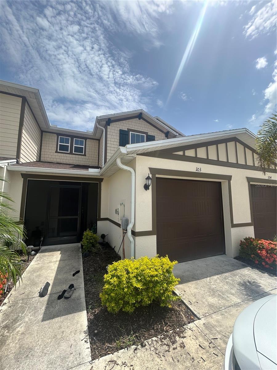 Short Sale. Welcome to this beautifully designed 2-bedroom, 2.5-bath townhome in the gated community of Bayshore Commons. Built in 2022 by KB Home, this residence offers 1,365 square feet of thoughtfully designed living space featuring an open-concept floor plan, tile flooring throughout the main living areas, and abundant natural light. The modern kitchen boasts granite countertops, 36-inch cabinetry, stainless steel appliances, a pantry, subway tile backsplash, and a breakfast bar overlooking the spacious great room. Upstairs, the primary suite offers a large walk-in closet and an en-suite bath with dual sinks and a tiled walk-in shower, while the secondary bedroom enjoys its own full bath. A convenient upstairs laundry area, first-floor powder room, and attached one-car garage add to the home's functionality. Residents enjoy access to community amenities including a pool, clubhouse, and gated entrance, with easy access to I-75, Downtown Fort Myers, shopping, dining, and area beaches.