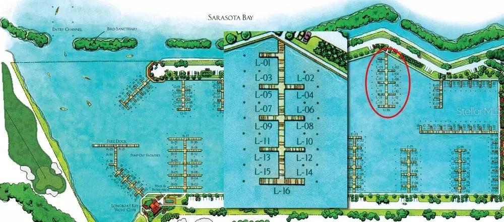 Ask an L-dock boater, they will tell you it’s the best dock in the marina. Slip is near the seawall, just a few flat steps to your parked vehicle with easy in/out access. A 68 ft. x 26 ft. Boat Slip at Longboat Key Moorings Marina. This slip is one of the very few slips at the marina with a direct view of the Sarasota cityscape and colorfully lit Ringling bridge. Unlike most slips here, this does not require purchase of membership in the Yacht Club saving you an initiation fee plus monthly fees.This deep-water marina offers direct access to Sarasota Bay and the ICW. The marina is as much a luxury resort as any other neighborhood on the island, thanks to individual slip ownership, a Mediterranean-style village that includes restaurants, shopping (close to Publix, CVS, and other specialty shops), recreational and social activities, on-site maintenance and concierge services. Electric, water and wireless internet access at each slip. The Marina has everything a boater could need. Longboat Key Moorings is truly a World Class facility. All vessels must be approved prior to closing by the Association. A current photo must be submitted. Max length of vessel allowed is 63 LOA, usable beam is 23 ft at the head of the slip. Bonus features of this slip:            No club membership required           Abundant navigation room for maneuvering and docking            One of very few slips with  Direct Sarasota City scape view            Close to main clubhouse, showers and pool            Close, but not too close to seawall