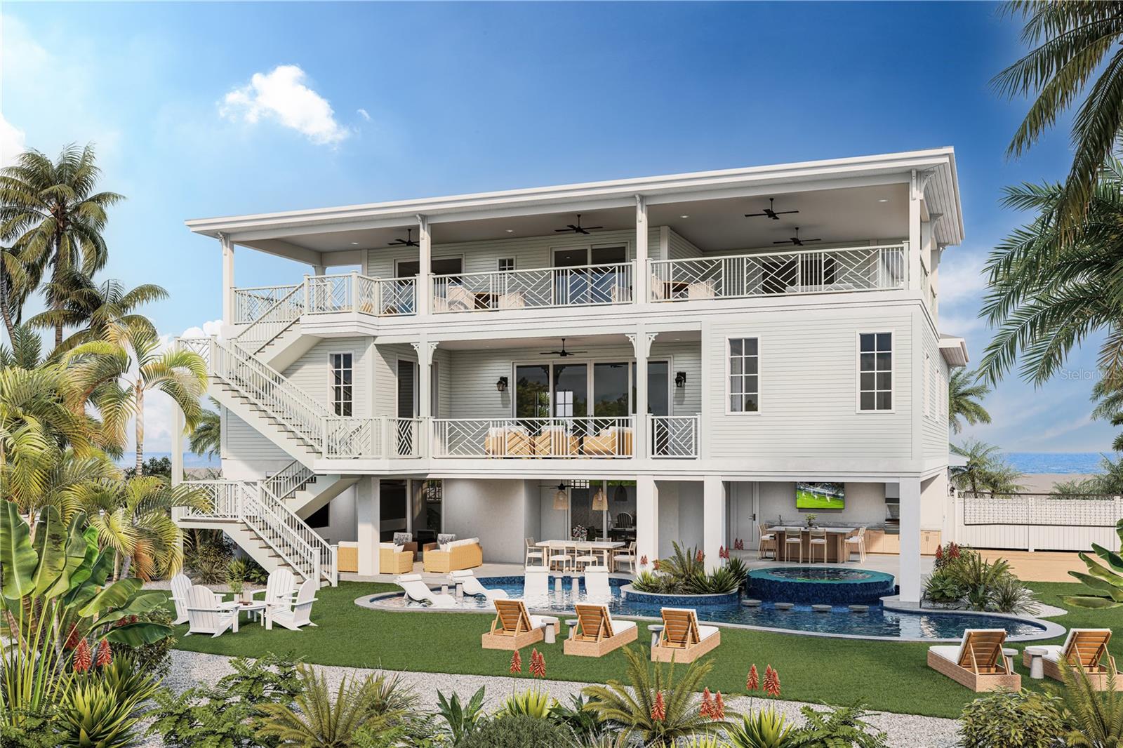 Under Construction. Under construction on an oversized corner lot along Anna Maria Island’s North End, just 50 feet from sugar-white sand beaches and the turquoise waters of the Gulf of Mexico, this three-level luxury coastal home combines scale, outdoor living, and modern new construction in one of the island’s most sought-after locations. Built with full concrete block construction and engineered to 2026 Florida hurricane standards, the residence is designed for durability, low-maintenance ownership, and peace of mind. What truly sets this approximately 4,345-square-foot residence apart is the way it lives outdoors. More than 3,000 square feet of covered outdoor living space transforms the property into a private resort designed for entertaining and everyday Florida beach living alike. A fully integrated outdoor kitchen anchors the backyard experience, complemented by three separate dining areas, multiple covered lounging spaces spanning approximately 1,582 square feet, and a 48’ x 25’ resort-style pool and spa that create a seamless indoor-outdoor lifestyle. A private volleyball court further elevates the property, creating a setting equally suited for quiet mornings, sunset gatherings, or hosting family and friends on Anna Maria Island. Daily living is thoughtfully centered on the main level above the six-car garage, where the primary suite, two guest bedrooms, den, laundry room, and an approximately 800-square-foot-plus combined kitchen and living area offer comfort and convenience. Wider doorways and a spacious full bath add flexibility for long-term livability, while a three-stop elevator services all floors. Designed for both entertaining and functionality, the kitchen features custom wood cabinetry, a wine cabinet display wall and a full Thermador appliance suite, including a 7-burner gas range, refrigerator, and dishwasher. Vaulted ceilings add volume throughout the open-concept living spaces, while upper levels capture natural light and Gulf views. All levels open onto expansive covered balconies, including a 1,200-square-foot upper balcony steps from the kitchen. Whether envisioned as a luxury vacation home, income-producing rental, or 1031 exchange opportunity, this property offers exceptional flexibility in one of Anna Maria Island’s most exclusive neighborhoods. Just moments from Pine Avenue, waterfront dining, boutique shopping, marinas, boating access, and some of Florida’s most beautiful beaches, this is a rare opportunity to own brand-new construction on Anna Maria Island at an impressive scale in one of the Gulf Coast’s most tightly held enclaves.