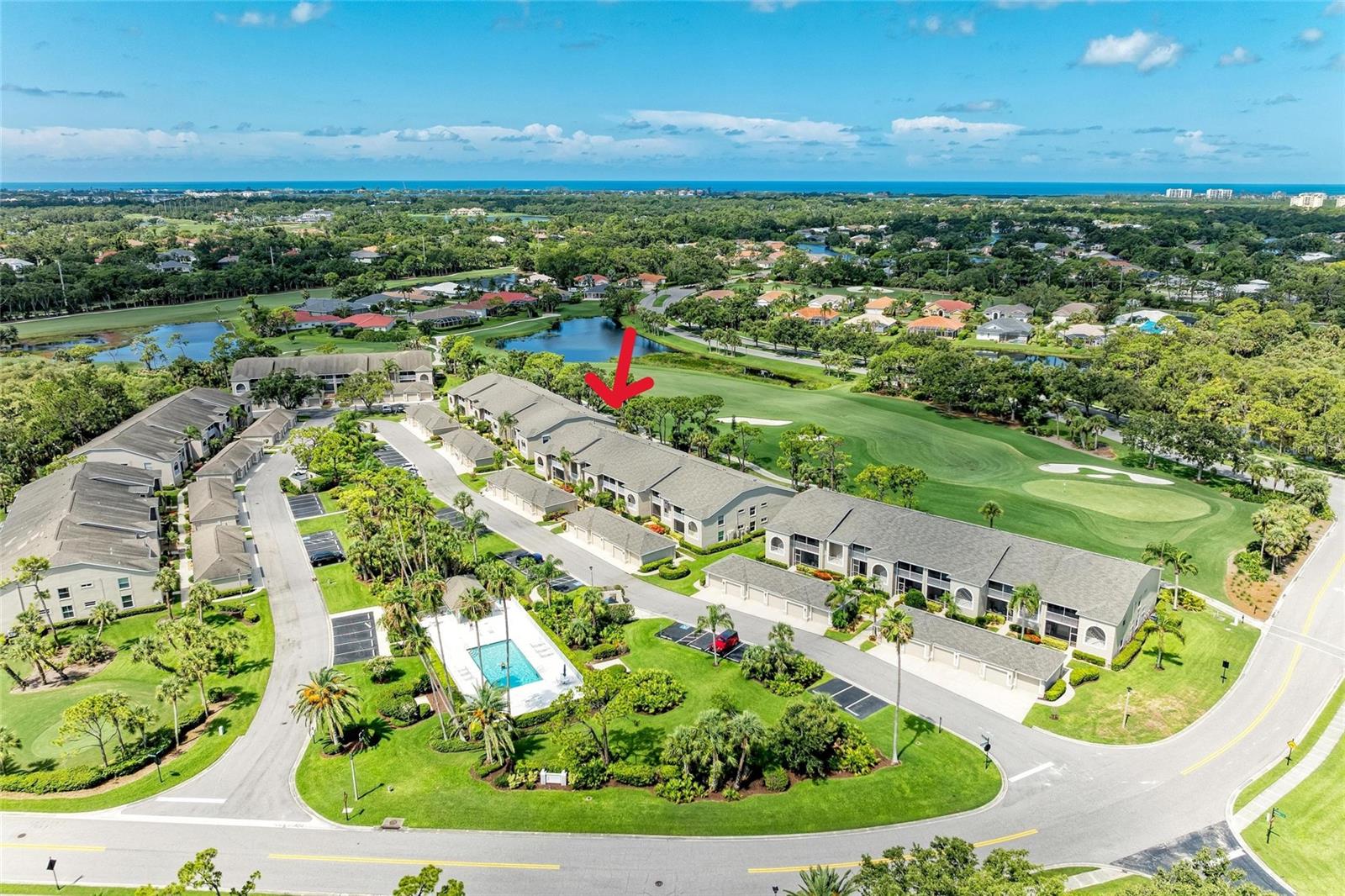 Live the Dream in Stoneybrook Golf and Country Club on Palmer Ranch. Enjoy incredible fairway and green views of the newly redesigned 17th hole from your private, screened-in back lanai. This second-floor Carlton model condo features vaulted ceilings throughout the living room, dining room, and kitchen—creating a bright, airy space perfect for everyday living and entertaining. The kitchen includes stainless steel appliances, a breakfast nook, and access to the front screened lanai, ideal for enjoying peaceful mornings. The unit comes furnished and new carpet in living areas. The primary bedroom suite offers twin walk-in closets, a great bay window for a dressing table or additional sitting, and a slider out to the lanai. An en-suite bath with a walk-in shower. The split-bedroom layout provides privacy with a spacious second bedroom and adjacent full bathroom. In-unit laundry room with washer, dryer, and more storage. Detached one-car garage. Designer lighting from Venice Lighting Co. The 2024 Golf Course Modernization assessment has been PAID IN FULL by the seller making this a rare opportunity to enjoy a modernized golf experience with no additional expense. Residents enjoy an updated clubhouse and restaurant, 18-hole Arthur Hills–original designed golf course, Har-Tru tennis courts, a state-of-the-art fitness center, resort-style pool and spa, direct access to the Legacy Trail for biking and walking. Stoneybrook Golf and Country Club is a premier member-owned country club community, ideally located between Downtown Sarasota and Downtown Venice, just minutes from Siesta Key Beach. This is the lifestyle you've been waiting for—schedule your private showing today!