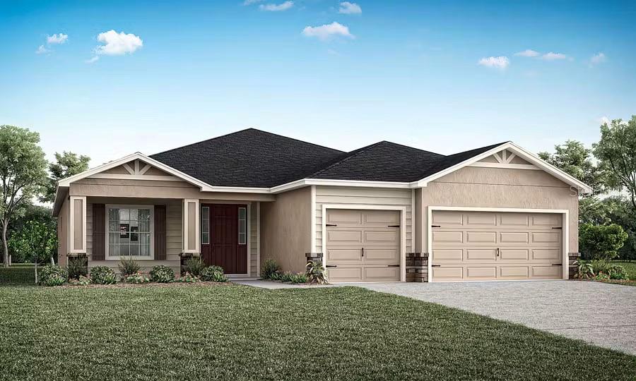 Under Construction. New construction home with 2314 square feet on one-story including 4 bedrooms, 3 baths, and an open living area. Enjoy an open kitchen with Granit countertops, Samsung stainless steel appliances, a walk-in pantry, and a large counter-height bar, fully open to the dining café and gathering room. The living area, laundry room, and baths include luxury wood vinyl plank flooring, with stain-resistant carpet in the bedrooms. Your owner's suite is complete with a walk-in wardrobe and a private en-suite bath with dual vanities, a large, tiled shower, garden tub and a closeted toilet. Plus, enjoy a covered lanai, 3-car garage, custom-fit window blinds, architectural shingles, energy-efficient insulation and windows, and a full builder warranty. “Please note, virtual tour/photos showcase the home layout; colors and design options in actual home for sale may differ. Furnishings and décor do not convey.