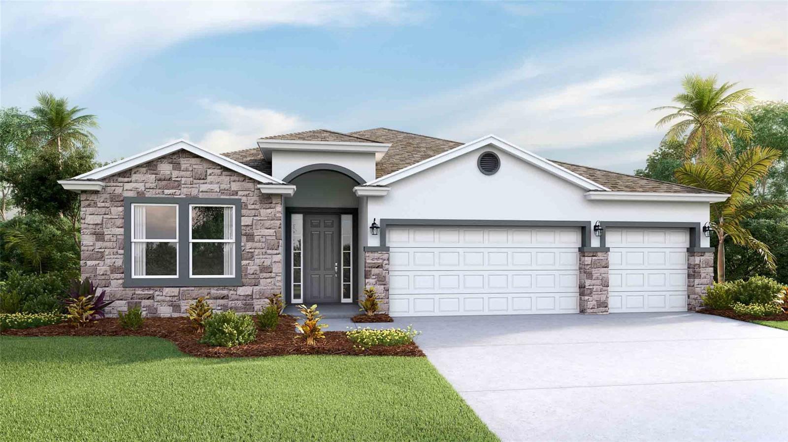 Under Construction. Receive up to $10,000 towards closing costs & special interest rates with the use of our preferred lender - Now through Sunday, August 2nd.
This one-story, all concrete block constructed home has a truly open concept plan, featuring a great room with dining space that flows into the kitchen and dinette. Two bedrooms at the front of the home share a full bathroom, while Bedroom 1 with an ensuite bath is located on the rear of the home for privacy, providing beautiful views of the backyard. The fourth bedroom next to the kitchen features its own ensuite bath and walk-in closet. This home includes an installed stainless-steel range, microwave, and dishwasher. Pictures, photographs, colors, features, and sizes are for illustration purposes only and will vary from the homes as built. Home and community information including pricing, included features, terms, availability, and amenities are subject to change and prior sale at any time without notice or obligation.