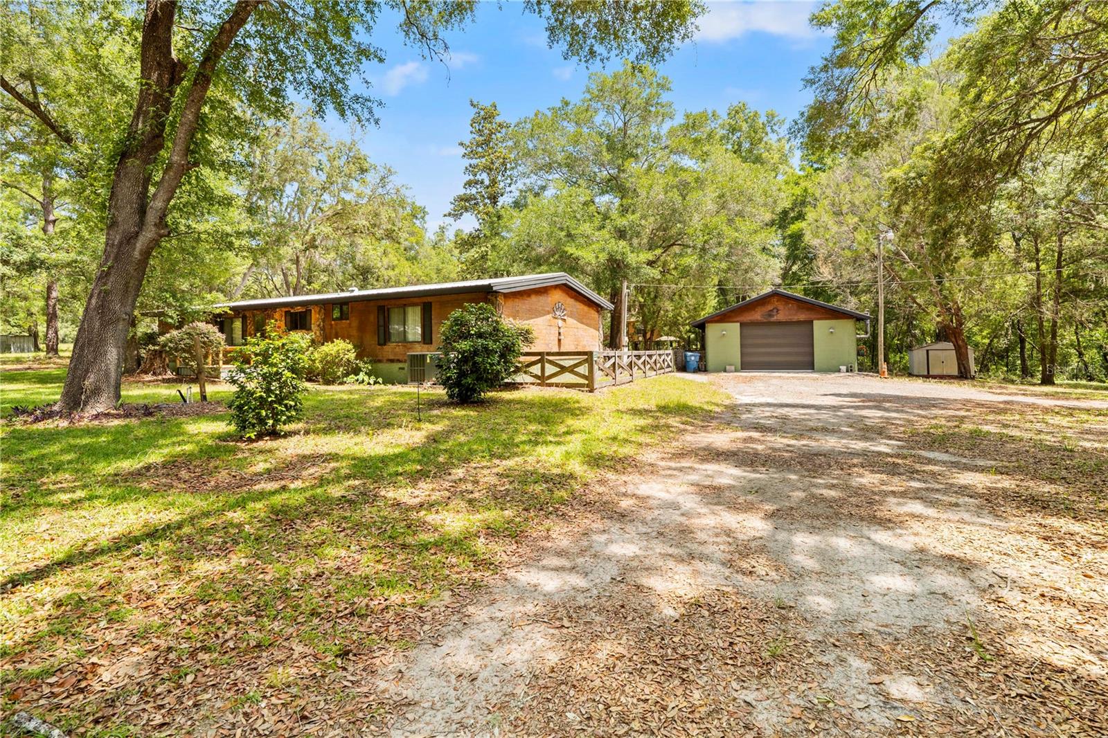 RIDE TO THE FOREST FROM THIS PRIME BROOKSVILLE LOCATION!!! This property checks ALL the boxes and includes a BEAUTIFULLY REMODELED 3-bedroom, 2-bath home LOADED WITH UPGRADES and designed for those seeking both comfort and outdoor adventure. Interior improvements include an open/ split floorpan with drywall throughout, spray foam insulation, raised bedroom ceilings, LVP flooring, double-pane windows, 2010 water heater, 2021 HVAC, attic-fan, and a cozy wood-burning fireplace, all under a METAL ROOF(2012). The completely remodeled kitchen features an abundance of custom soft-close red oak cabinetry, newer stainless steel appliances, gas stove, farmhouse sink, breakfast bar, and separate dining area. The spacious primary suite offers a fully remodeled bathroom complete with a garden tub, walk-in tile shower, and an oversized walk-in closet. Additional bedrooms are large and also feature walk-in closets. Step outside to enjoy the oversized screened back porch featuring a built-in wet bar and cabinetry, perfect for entertaining. Bring all the toys and hobbies—this property is fully equipped! The approximately 750 sq. ft. detached garage is constructed with carbon steel framing and block finish, complete with multiple 220 outlets, wood burning stove, spring loaded roll up door, and a half bath. Just behind that is a 500 sq. ft. screened cook shack that includes a built-in wet bar, cabinetry, exhaust fans, refrigerator, and electric insta-hot water heater for easy clean up. Let the kids explore their imagination in the custom elevated treehouse finished with drywall, insulation, electric, and AC. Additional features include a 20x40x16 RV carport with 220 electric, septic, and water hookups, plus an additional 20x24 pole barn with water. Property is partially fenced and cross-fenced for added versatility. Horse enthusiasts and outdoor lovers will appreciate the short ride to the endless trails of Croom Wildlife Management Area. Conveniently located on a DEAD-END ROAD, just 4 miles west of I-75 on Highway 50 for an easy commute in any direction, and approximately 30 minutes from the Gulf coast and Weeki Wachee Springs State Park, home of the world-famous live mermaids. Property is Zoned AG, sits high & dry, No HOA or CDD's, so bring all the animals and take advantage of what all this property has to offer before it's too late!