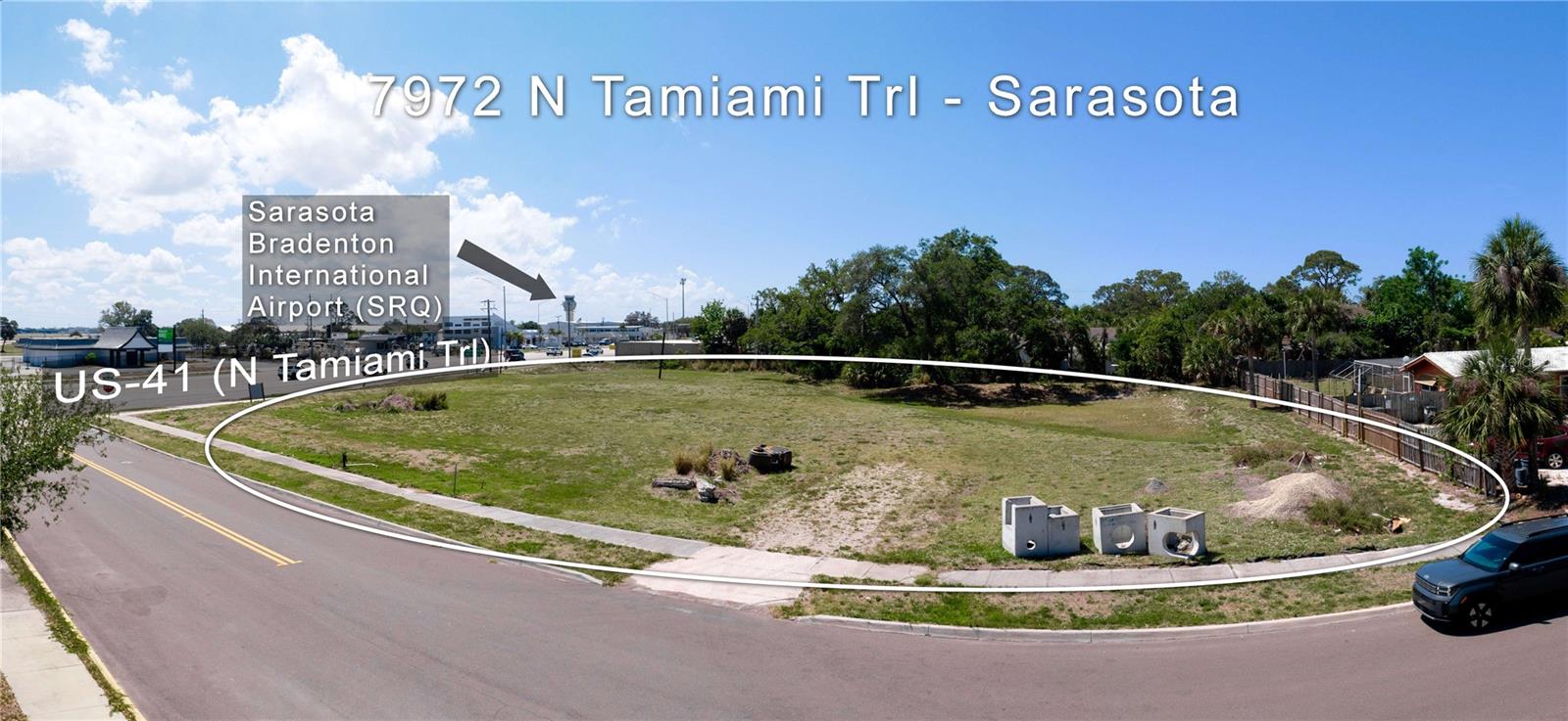 Exceptional 1.65-acre commercial opportunity featuring approximately 305 feet of prime frontage along U.S. 41 (Tamiami Trail). Zoned GC - General Commercial in Manatee County, this property allows for a wide array of business uses, from retail and service operations to mixed-use development. The generous frontage delivers strong visibility and access along one of Sarasota’s busiest north-south corridors. Ideal for developers or end-users seeking a high-traffic location with strong surrounding demographics and proximity to regional hubs.
Strategically positioned directly across from Sarasota Bradenton International Airport, this property sits at a gateway location between Sarasota and Bradenton. The site benefits from continuous traffic flow along Tamiami Trail, connecting visitors, commuters, and residents throughout the region. To the west lies an established residential neighborhood, supporting neighborhood-serving retail and service potential. The area is a blend of commercial activity, hospitality, and transportation services - perfect for ventures seeking exposure and connectivity in Sarasota’s growing northern corridor.
305 feet of frontage along North Tamiami Trl

1.65 Acres of well-located vacant land

GC Zoning suitable for a wide array of commercial uses

Across the street from the SRQ Airport with a residential neighborhood behind the site

Site plans available for a car wash