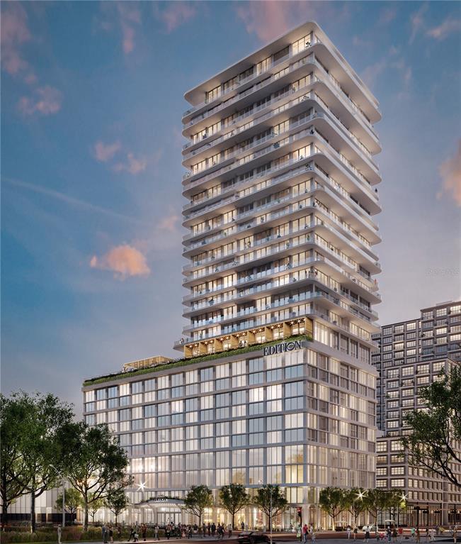 Under Construction. The Residences at The Tampa EDITION embody luxury at its most intuitive. 38 one-of-a-kind residences, rising elegantly skyward above a five-star hotel, offer the comfort and intimacy of an expertly-designed home, with all the privileges of being catered to and cared for. Along with hotel benefits including a rooftop pool & terrace and access to a full-service spa, residents will enjoy EDITION’s signature approach to world-class food and beverage, which extends to seven in-house dining options, including restaurants overseen by award-winning chefs. A full suite of dedicated services and amenities including a residents-only gym, social kitchen and lounge, and an on-premises lifestyle manager make day-to-day living exquisitely seamless. The utmost in privacy is assured with each floor limited to a small number of homes, and a private residential drive, valet, entrance, lobby, concierge and elevators dedicated to The Residences. The Residences themselves provide the ultimate in indoor-outdoor living. Floor-to-ceiling windows invite panoramic views of Tampa Bay and the downtown skyline, while the outdoors beckon through multiple sliding glass doors that lead to generous wraparound terraces with post-less glass railings. Thoughtfully appointed interiors inspired by Roman and Williams blend ease and elegance to create airy, exceptionally inviting spaces with ten-foot ceilings throughout. Wide plank 10-inch custom white oak Grato hardwood floors throughout. Polaris White marble kitchen countertops with waterfall island, full height backsplash and ambient cove lighting. Custom white oak Molteni Italian Millwork and powered upper cabinets. Gaggenau Kitchen Appliances including wine cooler and 5-burner gas cooktop. Miele fully venting hood incorporated into cabinetry. Owner’s bath walls and flooring clad with 24”x24” Polaris White marble with corresponding marble mosaic in owner’s bath shower. Double Vanity in Polaris White marble over custom floating Molteni Italian Millwork and under counter ambient lighting. Freestanding Kaldewei extra deep soaking tub. Powder Bath with Venetian plaster walls. Laundry room with Molteni cabinetry, utility sink, Electrolux Washer and Dryer and UV HVAC light filter. 2 parking spaces included (3 parking spaces for 3 & 4 bedrooms) and 1 storage unit. Electric vehicle charging stations available. The Tampa EDITION is situated within Water Street Tampa, the first WELL-certified community in the world. The neighborhood connects city and nature, business and culture as well as work and play in unparalleled access. 37 limited-EDITION residences with nothing comparable in the marketplace, offer a thrilling new perspective on Tampa living.