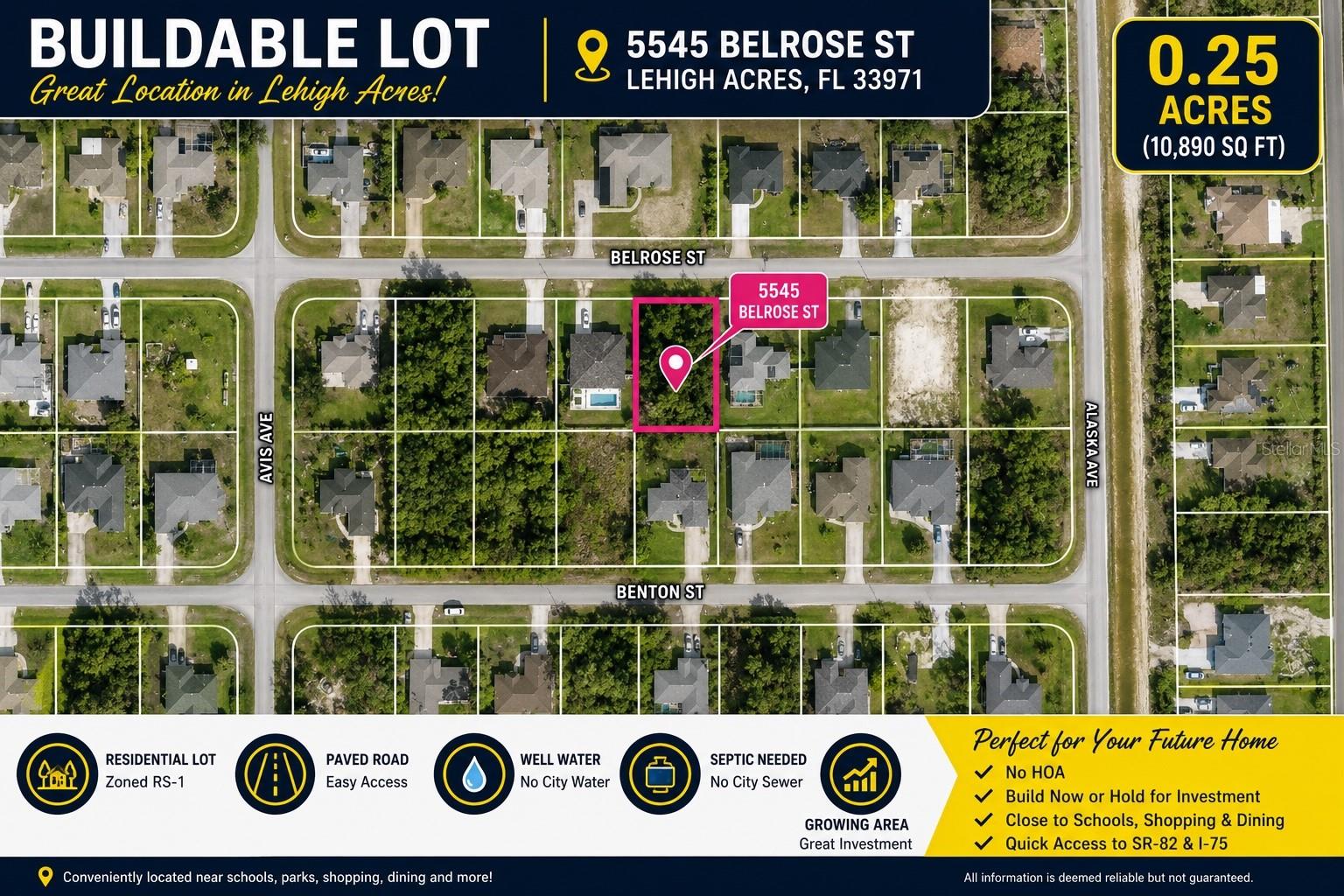 Build your Florida dream home on this spacious 0.23-acre residential lot at 5545 Belrose St in Lehigh Acres. Located on a paved street in a growing neighborhood of new construction homes, this homesite offers an excellent opportunity for a primary residence, seasonal getaway, or investment property. The rectangular lot provides flexibility for a variety of floor plans and outdoor living spaces. Conveniently situated near shopping, dining, schools, parks, and everyday conveniences, with easy access to Fort Myers, SW Florida International Airport, and major roadways. No HOA and no flood insurance required according to current maps, making this an attractive option in one of Southwest Florida’s fastest-growing communities.
