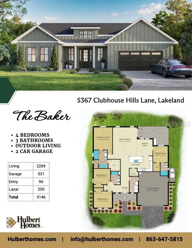 Under Construction. Under Construction – The Baker by Hulbert Homes Inc in Gated Clubhouse Hills Estates.

Experience the quality and craftsmanship of Hulbert Homes Inc. with this exceptional new custom home currently under construction in the gated community of Clubhouse Hills Estates. The Baker floor plan offers 4 bedrooms, 3 bathrooms, and 2,269 heated square feet of thoughtfully designed living space, blending modern style with everyday comfort.

The open-concept design creates an inviting atmosphere for both entertaining and daily living, featuring spacious living areas, designer finishes, and the superior attention to detail that has become synonymous with Hulbert Homes. Energy-efficient construction provides lasting comfort and peace of mind, while quality materials and timeless design ensure enduring appeal.

The well-appointed kitchen opens seamlessly to the main living and dining areas and extends to a covered lanai complete with a built-in outdoor kitchen and sink—perfect for enjoying Florida's year-round outdoor lifestyle. The generously sized homesite offers plenty of room to add a future pool, allowing you to create your own private backyard retreat.

Additional upgrades include wood slat shelving in the pantry and owner's suite closet, an acrylic-finished garage floor, and attractive paver driveway and walkway, enhancing both function and curb appeal.

Conveniently located near shopping, dining, medical facilities, and major roadways with easy access to downtown Lakeland, this is an outstanding opportunity to own a brand-new custom home in one of Lakeland's newest gated communities. Secure your new home today and enjoy the quality, craftsmanship, and peace of mind that come with every Hulbert Homes build.
