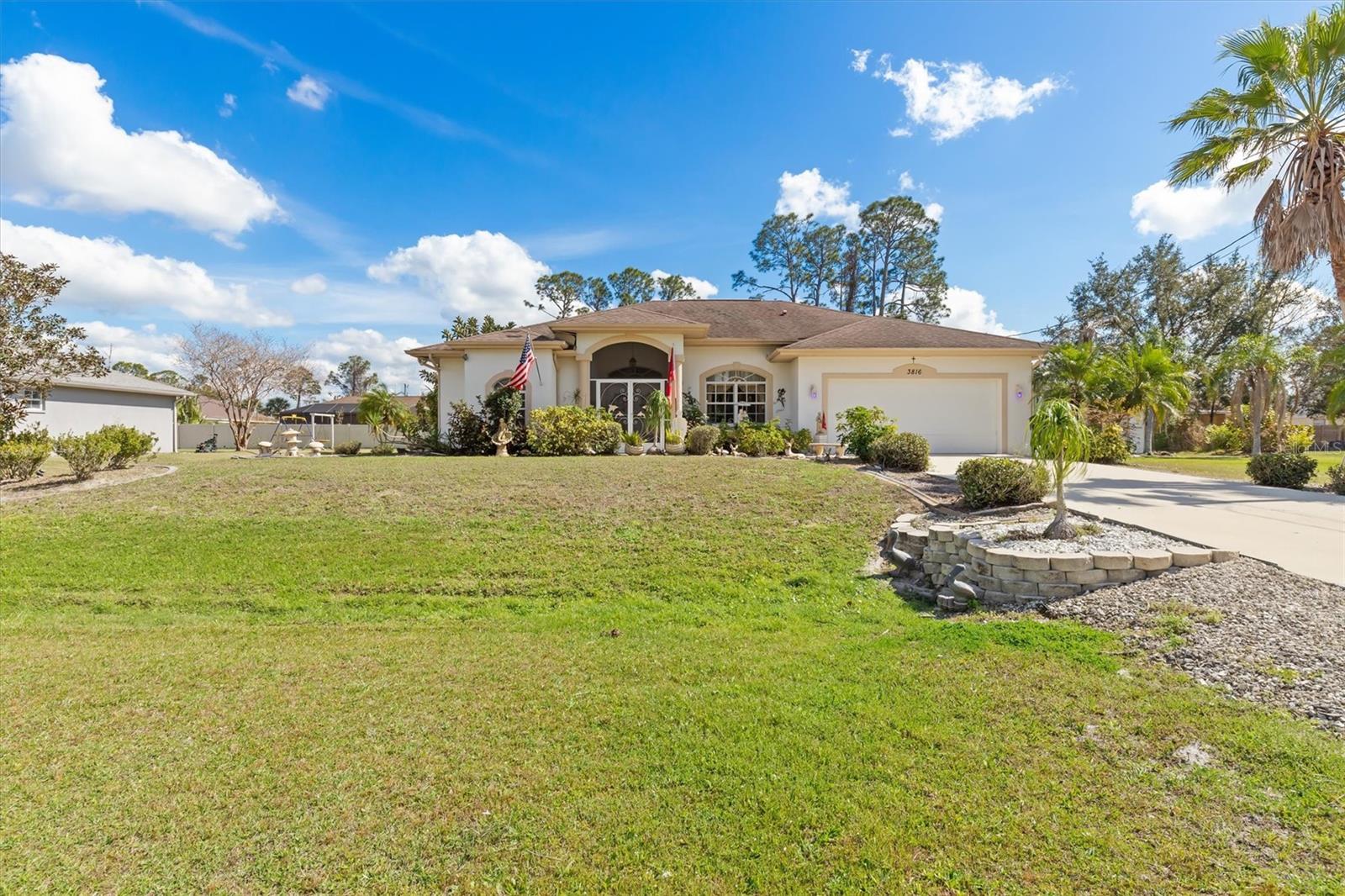 NEW ROOF! This charming 3-bedroom, 2-bathroom home in Florida is a perfect blend of comfort and convenience. The open floor plan features a spacious living room and family room, ideal for both relaxation and entertaining. The primary bedroom offers a serene retreat with a stunning view of the sparkling inground pool. Step outside to the lanai, where you can enjoy outdoor living while overlooking the expansive backyard. The home sits on two large lots, providing ample space for outdoor activities, and includes a handy storage shed for extra storage. A 2-car garage adds to the home’s functionality. Located with easy access to I-75, as well as shopping centers and beautiful beaches just a short drive away, this home offers both tranquility and convenience. With split bedrooms, privacy is ensured while still offering an inviting space for the entire family. This property is an ideal Florida retreat!