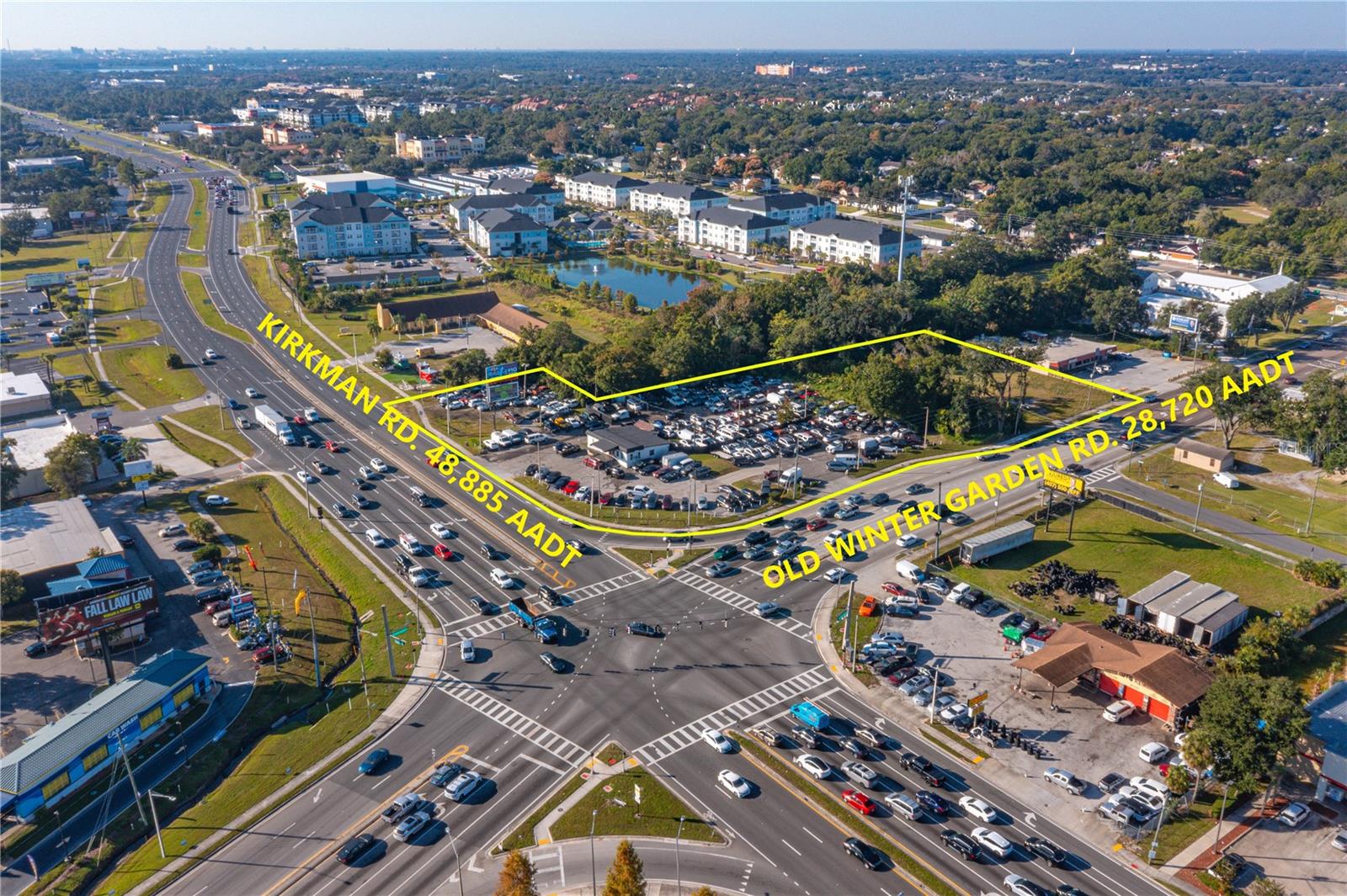 Under contract-accepting backup offers. Fantastic 2.03 acres of Commercial Property at the major intersection of S. Kirkman Rd and Old Winter Garden Rd in Orlando. The property offers 359+ ft of frontage on busy S. Kirkman Rd and 428+ ft of frontage on Old Winter Garden Rd. There is a curb cut on Kirkman Rd and another on Old Winter Garden Rd. The property consists of multiple parcels including Tax ID 30-22-29-2940-00-30 (1.77 acres) and Tax ID 36-22-28-4492-00-130 (.26 acres) for a Total of 2.03 acres. The 1.77 acre parcel is currently operating as a car dealership with AC-1 zoning and the .26 acre parcel is vacant with C-1 zoning. Both zonings allow for many Commercial Uses.It is rare that a parcel at such a major intersection in Orlando becomes available. Contact the listing Broker today for additional information and to schedule a showing.