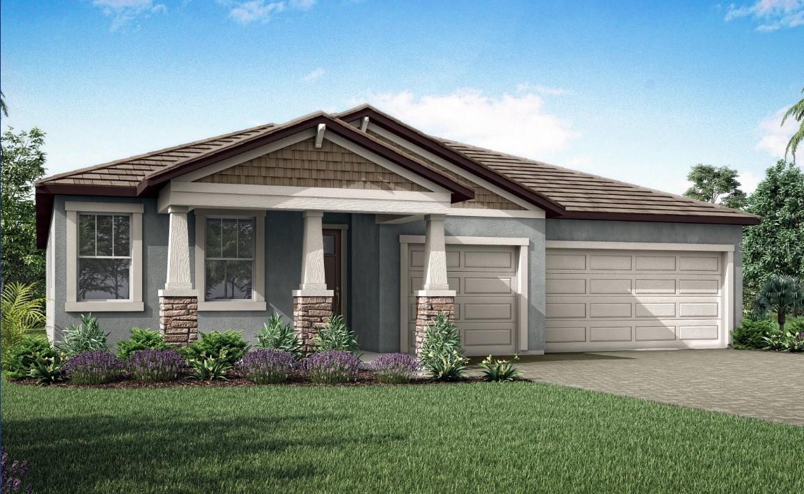 Under Construction. Welcome to the Mesa Verde, a thoughtfully designed single-story home in the gated enclave of Lakeside at Sunstone, part of the vibrant Wellen Park community. This Craftsman-style residence spans approximately 2,606 sq. ft. and offers 4 bedrooms, 3 baths, a private study, and a 3-car garage, all situated on an oversized homesite for added outdoor possibilities. Step inside and experience an open-concept layout where natural light spills across expansive living spaces. The Executive Kitchen is a chef’s dream, showcasing off-white quartz countertops with delicate gray veining, a generous island, and painted light-gray cabinetry with soft-close doors and drawers. A stylish tile backsplash in a staggered pattern complements the design, while stainless steel appliances—including a gas cooktop, wall oven, and ENERGY STAR® dishwasher—are ready for culinary adventures. The owner’s suite is a serene retreat with a spa-inspired bath featuring a Super Shower with dual showerheads, raised-height vanities, and sleek quartz surfaces. Two additional baths and three secondary bedrooms provide comfort and privacy for family or guests. Throughout the main living areas, plank-style tile flooring in a warm stone-gray tone adds durability and sophistication, while plush carpet softens each bedroom. Outdoor living shines with a lanai finished with pavers, perfect for relaxing or entertaining under Florida’s sunshine. Impact-rated windows offer peace of mind, and the home is pre-plumbed for a utility tub in the garage for added convenience. Beyond your doorstep, Lakeside at Sunstone offers a lifestyle like no other—two lakefront amenity centers with resort-style pools, fitness facilities, pickleball courts, paw parks, and a full calendar of events curated by a dedicated Lifestyle Director. Enjoy easy access to Downtown Wellen’s shops, dining, and entertainment, CoolToday Park, and pristine Gulf beaches just minutes away. This home combines modern luxury with timeless craftsmanship—ready for you to make it your own. *Photos, renderings and plans are for illustrative purposes only and should never be relied upon and may vary from the actual home. Pricing, dimensions and features can change at any time without notice or obligation. The photos are from a furnished model home and not the home offered for sale.
