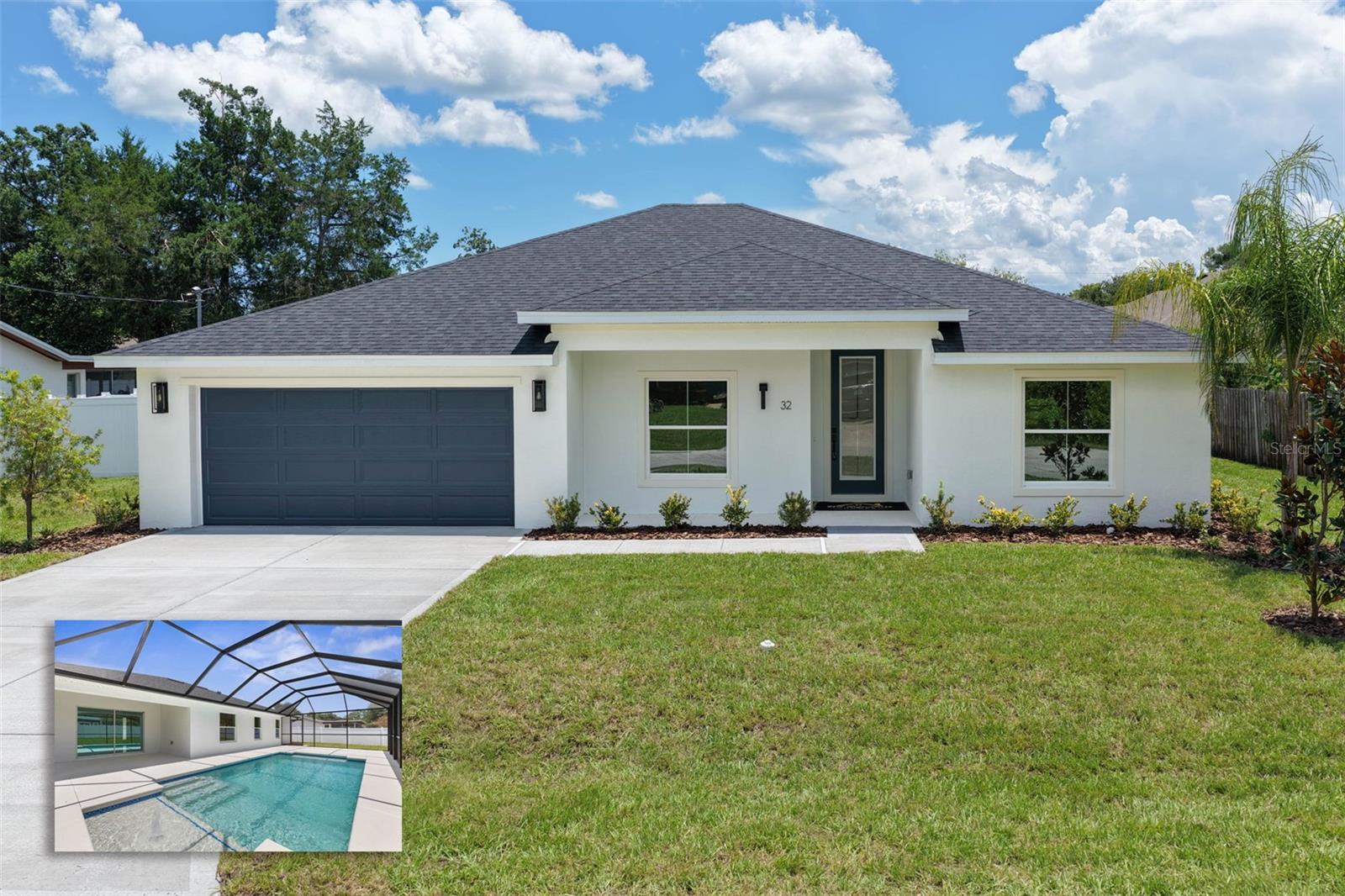 Virtually Staged. Luxury Living. Exceptional Value. Discover the U.S. Signature Homes difference in this beautifully crafted, newly completed concrete block home with a heated pool, ideally located in Palm Harbor, one of Palm Coast's most established and desirable neighborhoods, just minutes from James F. Holland Memorial Park, Island Walk Shopping Center, Publix, restaurants, medical facilities, walking and biking trails, and a short drive to Flagler's beautiful beaches. Backed by a comprehensive builder warranty package including a 2-year systems warranty and 10-year structural warranty, this home features 48" x 24" porcelain tile, quartz kitchen countertops, quartzite bath countertops, frameless glass shower enclosures, Delta designer fixtures, an LG stainless steel appliance package, and designer finishes. Every finish was intentionally selected to deliver the quality, style, and craftsmanship that define every US Signature Home. An elegant 8-foot glass entry door welcomes you into a bright, open floor plan with vaulted ceilings, 48" x 24" porcelain tile throughout the main living areas, luxury vinyl plank flooring in all bedrooms, 5¼-inch baseboards, upgraded LED lighting, Low-E vinyl windows, and soft-close cabinetry and drawers. The designer kitchen features quartz countertops, an oversized island finished with cabinetry on all four sides, a generous walk-in pantry, an LG stainless steel appliance package, designer pendant lighting, an undermount sink, and a Delta Antoni pull-down faucet. The oversized primary suite features a recessed tray ceiling, an oversized walk-in closet, and a spa-inspired bath with quartzite countertops, dual undermount sinks, Delta Arvo widespread faucets, a Delta Arvo 2-in-1 shower system, 24" x 48" porcelain shower wall tile, and a frameless glass shower enclosure. The guest bath continues the same quality with quartzite countertops and Delta Arvo fixtures. Additional features include a dedicated laundry room, three linen closets, a coat closet, abundant storage, an epoxy-coated garage floor, premium plumbing and lighting fixtures, and energy-efficient concrete block construction. Designed for Florida indoor/outdoor living, the covered lanai overlooks the heated, screened resort-style pool featuring a sun shelf with umbrella sleeve, color-changing LED lighting, and a premium pebble finish. The generous backyard extends beyond the pool enclosure and is enhanced by rear privacy fencing, providing additional space to relax, entertain, or personalize your outdoor retreat. Homes of this caliber are rarely available in Palm Harbor. Built with quality, designer finishes, and exceptional craftsmanship, this is the US Signature Homes difference—where Luxury Living meets Exceptional Value.