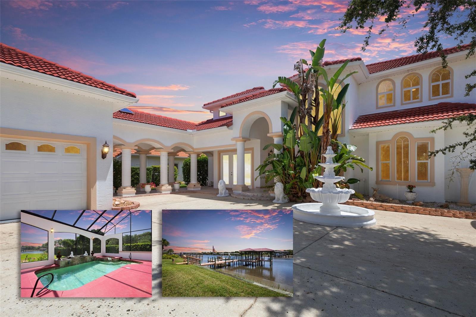 Hidden beneath a canopy of majestic mature live oaks at the end of a long private driveway on nearly ¾ of an acre, this extraordinary residence showcases timeless Mediterranean architecture rarely found in Palm Coast. Bordering Grand Haven's waterfront park with no neighboring home on one side, the estate offers exceptional privacy while embracing breathtaking views of the Intracoastal Waterway. From the moment you enter, soaring ceilings, graceful archways, stone fountains, rich granite flooring, & walls of picture windows immediately draw your eye to the tranquil waters beyond. Formal living & dining rooms provide elegant spaces for entertaining, while the spacious family room was designed to showcase spectacular waterfront views. The first-floor primary suite is a private retreat featuring expansive picture windows overlooking the Intracoastal, a double-sided gas fireplace shared with a sitting area perfect for a home office or reading nook, dual walk-in closets, and direct access to the screened pool. Wake each morning to breathtaking sunrises over the water from the comfort of your own suite. Beautifully finished in timeless marble, the luxurious ensuite offers double vanities, an exquisite marble mosaic walk-in shower, a jetted soaking tub, & a private water closet with bidet. A separate marble-finished half bath provides convenient access directly from the primary suite to the pool. Upstairs, two spacious guest bedrooms share a beautifully appointed Jack-and-Jill bathroom, while one bedroom opens onto a private balcony overlooking the pool with peaceful views of the Intracoastal Waterway. Throughout the home, every bathroom has been thoughtfully finished in elegant marble, reflecting the exceptional craftsmanship found throughout the residence. Outside is your private screened pool & spa, where mornings begin with colorful sunrises over the Intracoastal and afternoons are often accompanied by dolphins and manatees gliding through the water. Just beyond, the covered boathouse features a 34-foot covered slip, 9,000-pound High-Tide boat lift, approximately 12-foot beam, electric service, fresh water, generous walk-around decking, and additional side mooring. Built in 2008, the boathouse perfectly complements the home's timeless architecture while providing effortless access to the Intracoastal Waterway. Located within the prestigious gated community of Grand Haven, residents enjoy a staffed security gate,2 resort-style pools, a restaurant, fitness center, tennis courts, pickleball courts, basketball courts, playgrounds, miles of scenic walking and biking trails, and a vibrant calendar of clubs and community events. HOA and CDD fees include access to these exceptional amenities, while the acclaimed Jack Nicklaus Signature Golf Course is available through optional membership. Perfectly positioned just 2 miles from shopping, restaurants, grocery stores, and everyday conveniences, approximately 7 miles from Flagler Beach, 18 miles from Historic Downtown St. Augustine, and 28 miles from Daytona Beach, this remarkable estate offers the perfect balance of privacy, luxury, and convenience. True Mediterranean waterfront estates of this caliber rarely become available. More than a home, this is a timeless waterfront estate where exceptional craftsmanship, remarkable privacy, and an extraordinary Intracoastal lifestyle come together to create one of Grand Haven's most distinctive residences.
