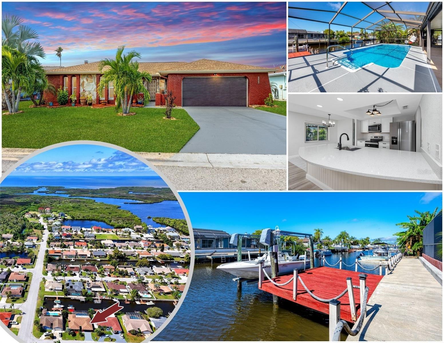 One or more photo(s) has been virtually staged. Live the Ultimate Florida Waterfront Lifestyle!
9817 San Sierra Way is a remodeled 3-bedroom, 2-bath Gulf-access pool home in the established Westport community of Port Richey. Priced to move, this property delivers exceptional value for buyers seeking direct canal access to the Gulf (tidal), a private dock with boat lift, and a screened pool — all with no HOA, no CDD, and no deed restrictions.
The split floor plan is bright and functional, featuring tile and carpet throughout, a modernized kitchen with quartz countertops, soft-close cabinetry, and stainless appliances, along with updated bathrooms. Major systems have been addressed: roof 2016, HVAC 2018, water heater 2018, impact-rated windows 2023, and impact-rated garage door 2020 — offering peace of mind and reduced insurance exposure. The existing flood insurance policy is assumable, adding further cost certainty for the buyer.
Outside, the covered and screened lanai overlooks a sparkling pool surrounded by mature tropical landscaping. The canal provides tidal Gulf access for boating, fishing, or kayaking, with the boat lift keeping your vessel ready at a moment's notice. The neighborhood is low-traffic and quiet, bordered by Werner-Boyce Salt Springs State Park, and minutes from the Tarpon Springs Sponge Docks, downtown New Port Richey, and area beaches, dining, and marinas.
This is a rare opportunity to acquire a turnkey Gulf-access property at an great price point. Schedule your private showing today.