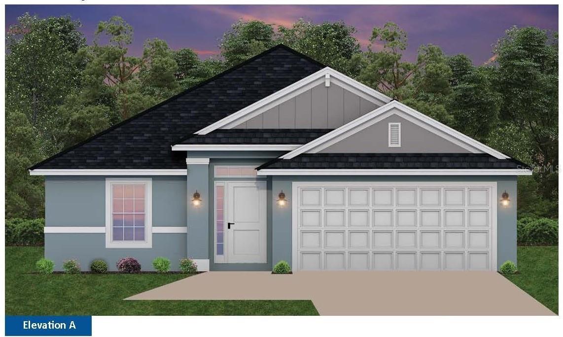 Under Construction. Popular 4/2 CONCRETE BLOCK home. Gated community with amenities, pickle ball courts, playground and more. Convenient to The Villages, Retail stores, variety of grocers, restaurants, medical services, 13 minutes from VA Clinic. Stunning curb appeal begins with stone accents. Step through the decorative Glass front door into a generous foyer with 10’ Ceiling, split plan. Flooring is all tile except for the bedrooms. Upgraded cabinets in kitchen and baths complete with stone countertops. Stainless steel appliances in the kitchen. Inside laundry room between the garage and the kitchen. Vaulted ceilings in the family and dining room. Primary bath includes the often requested 5’ tiled shower in lieu of tub/shower combo. 14 x10 Patio is truss covered, perfect for outdoor living.