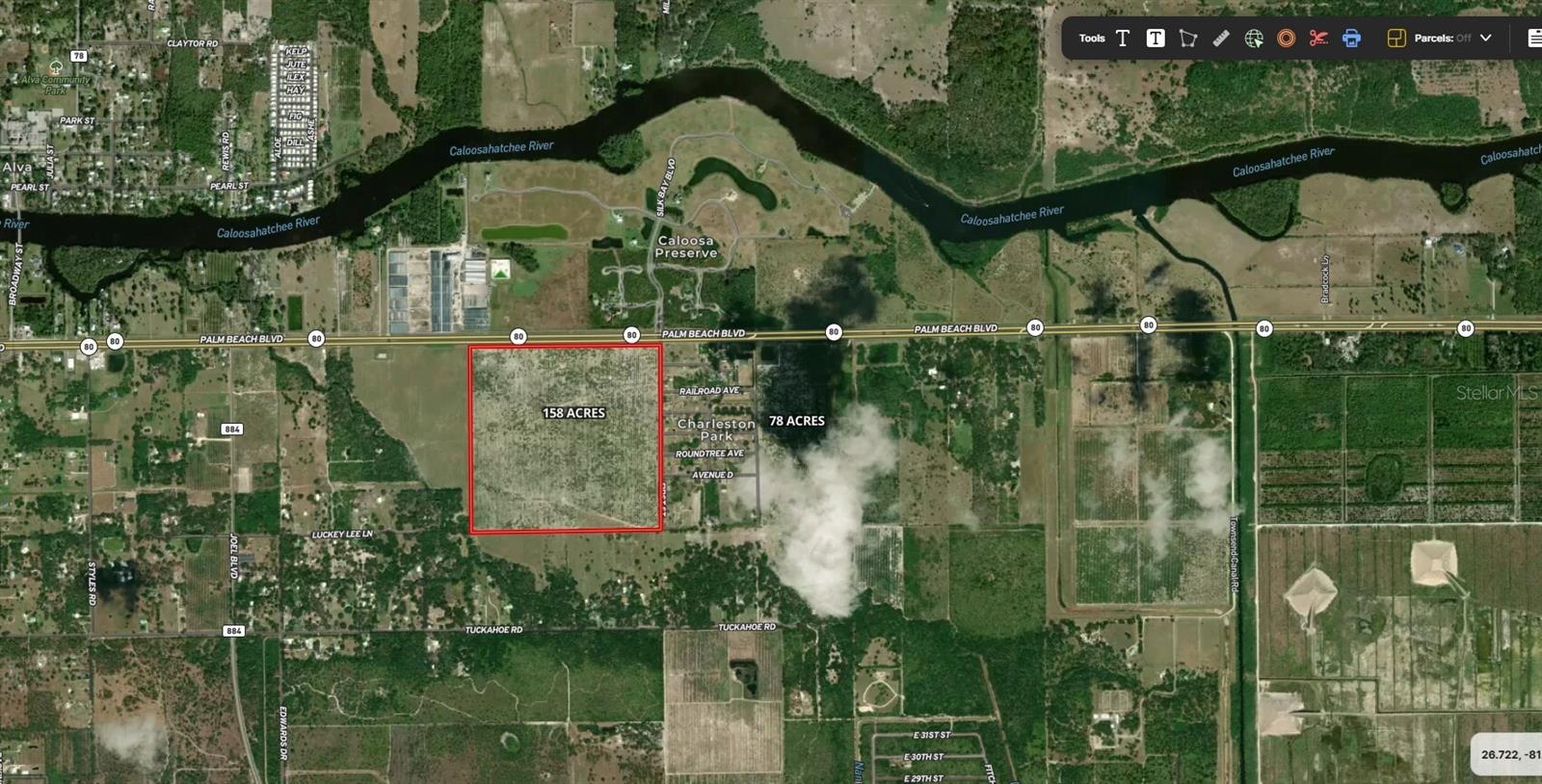 Welcome to a truly unique opportunity to acquire 158 acres of prime land at the intersection of four-lane Highway 80 and First Street, in beautiful Alva, Florida. Perfectly situated opposite the luxury residential neighborhood Caloosa Preserve, this property embodies the future of Southwest Florida development. Whether you’re a visionary developer, investor, or commercial entrepreneur, this landmark offering presents unlimited possibilities for growth and transformation in one of the region’s most desirable corridors.
Location Highlights
Nestled just 20 minutes east of vibrant Fort Myers and a short 40-minute drive to the pristine beaches of Southwest Florida, this property boasts unbeatable connectivity and accessibility. HWY 80 is one of the area’s busiest thoroughfares, with consistent high traffic volumes that make the site ideal for a variety of commercial, retail, and residential uses. The intersection with First Street further amplifies visibility and convenience, ensuring that any future development will enjoy maximum exposure.  Information provided herein is from sources deemed reliable but not guaranteed and is provided without the intention that any buyer rely upon it. Listing pictures are for pictorial representation purpose only. Listing Broker takes no responsibility for its accuracy and all information must be independently verified by buyers. There is an existing cattle lease on the property.