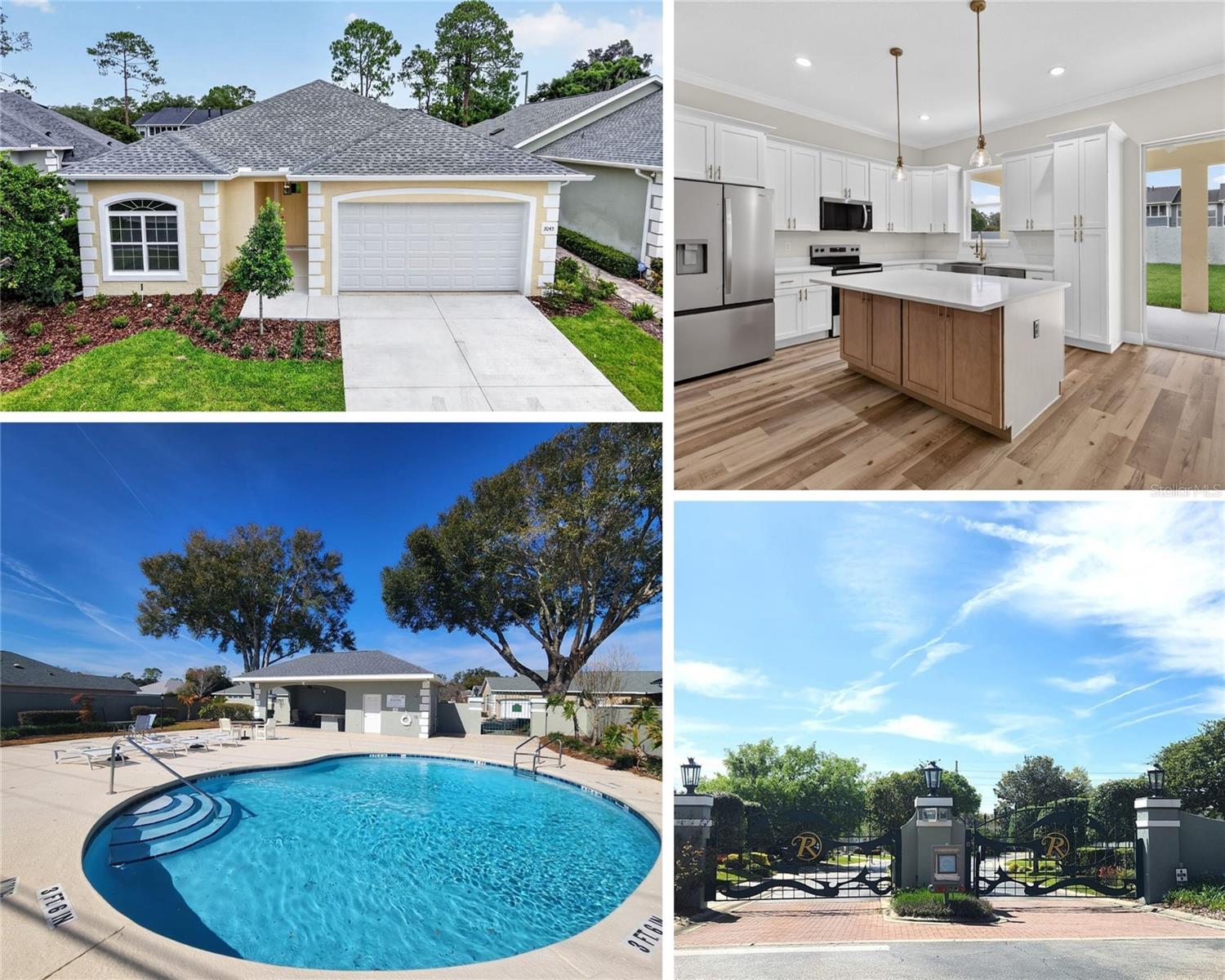 New construction completed and move-in ready! This home offers the unique opportunity to purchase a brand-new home in established and gated Rivendell that has a great in-town location. This SW Ocala area has abundance of dining, retail, medical within steps of the community. Enjoy Florida weather at the community pool that is outfitted with a nice patio and summer kitchen. House is built by multiple Parade of Homes winning builder and comes with warranty. Open concept floorplan is outfitted with tall ceilings, upgraded floors and crown molding. Gourmet kitchen features softclose cabinets, quartz counters, farmhouse sink and large island. Expansive master suite has walk-in closet, dual vanities and tiled shower stall. Large lanai provides plenty of space for outdoor living. Other features include gutters, textured porch floors, irrigation, over/under cabinet lighting and upgraded light fixtures. Come see today!