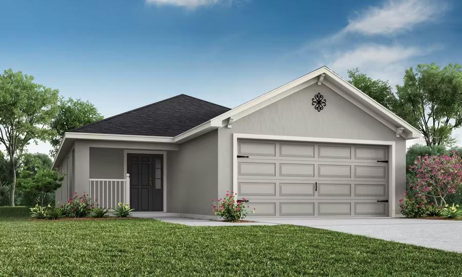 Under Construction. New construction home with 1,479 square feet on one-story including 3 bedrooms, 2 baths, and an open living area. Enjoy an open kitchen with Quartz countertops, Samsung stainless steel appliances, pantry, and a spacious counter height bar, fully open to the dining café and gathering room. The living area, laundry room, and baths include luxury wood vinyl plank flooring, with stain-resistant carpet in the bedrooms. Your owner's suite is complete with a walk-in wardrobe and a private en-suite bath with a tiled shower and linen closet. Plus, enjoy a covered lanai, 2-car garage, custom-fit window blinds, architectural shingles, energy-efficient insulation and windows, and a full builder warranty. Please note, virtual tour/photos showcases the home layout; colors and design options in actual home for sale may differ. Furnishings and decor do not convey."