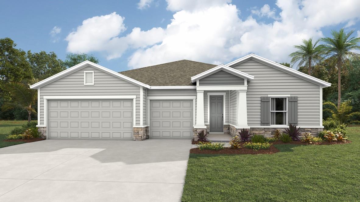 Virtually Staged. Under Construction. This one-story home features a large great room with a formal dining room and a well-appointed kitchen with a dinette, all of which overlook a spacious covered lanai that is perfect for extending entertaining space outdoors. This single-story plan features two bedrooms that share a jack-and-jill full bathroom and which are located at the front of the home. The multi-gen living space is located beyond the powder bath and laundry room. Bedroom 1 with an ensuite bath, is located on the back of the home for privacy, offering beautiful views of the backyard. This home includes a stainless-steel range, microwave, and dishwasher. Pictures, photographs, colors, features, and sizes are for illustration purposes only and will vary from the homes as built. Home and community information including pricing, included features, terms, availability and amenities are subject to change and prior sale at any time without notice or obligation. CRC057592.