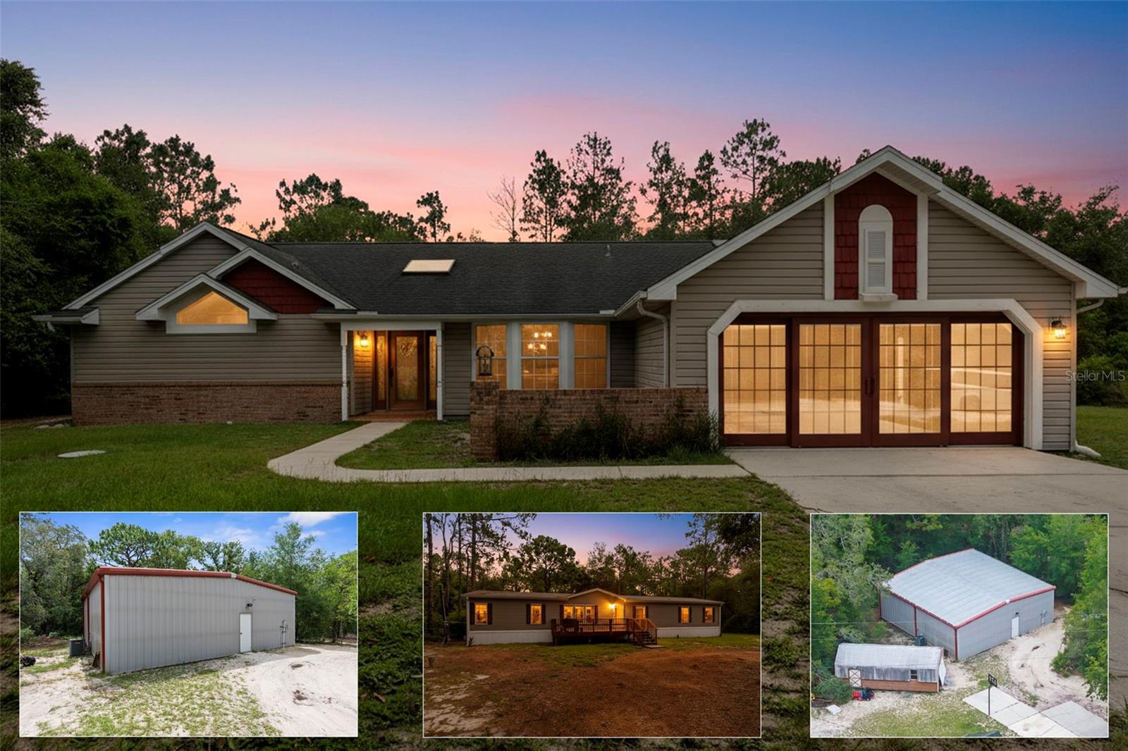 One or more photo(s) has been virtually staged. PRIVATE 5-ACRE MULTI-FAMILY COMPOUND WITH POOL, COMMERCIAL-GRADE WORKSHOP & HORSE-FRIENDLY ZONING! This rare multi-generational property offers TWO SEPARATE PARCELS totaling 5 ACRES in a PRIVATE & SECLUDED setting on the Pasco/Hernando County line, just minutes from the Suncoast Parkway for an easy commute. With NO HOA, this fully fenced estate with ELECTRIC GATE is ideal for horses, livestock, and COUNTRY LIVING while keeping modern conveniences close by. This 1 ACRE parcel - 5BR/3BA Manufactured Home built in 2019 which offers 2,128 square feet featuring an OPEN FLOOR PLAN, large kitchen with KITCHEN ISLAND, spacious LAUNDRY ROOM/MUDROOM/STORAGE ROOM. The primary suite includes a GARDEN TUB, DUAL SINKS, and a separate shower, and Walkin Closet. The split plan offers privacy and generously sized bedrooms, large closets, and a front DECK make this a perfect GUEST HOUSE or MULTIGENERATIONAL living option. THIS IS A MULTI-PARCEL SALE including the 4-acre parcel features a beautifully maintained main residence offering 3 BEDROOMS 3 BATHROOMS PLUS FLEX ROOM/ 4th BEDROOM with original SOLID OAK TRIM and SOLID OAK DOORS throughout, SOLID OAK FRENCH DOORS with BUILT IN BLINDS, and gorgeous REAL HARDWOOD FLOORS. The newly renovated kitchen offers GRANITE countertops, abundant cabinetry and counter space, a DOUBLE OVEN, custom recessed lighting, and a brick terra-cotta tile floor and a breakfast bar overlooking a cozy family room featuring a WOOD BURNING BRICK FIREPLACE with a hearty oak mantle. The living spaces are filled with NATURAL LIGHT from both Bay windows and dramatic SKYLIGHTS in the FORMAL LIVING ROOM, FORMAL DINING ROOM and BREAKFAST NOOK, which leads out to the SCREENED POOL and LANAI. The spacious primary suite includes an ON-SUITE perfect for a HOME OFFICE/FLEX SPACE and a SPA LIKE BATHROOM with DUAL VANITY, GRANITE COUNTERS, a GARDEN TUB, separate shower, and private water closet. Additional features include a LARGE LAUNDRY ROOM/MUD ROOM with a window, and a TANKLESS HOT WATER HEATER. The garage was converted to a FLEX ROOM/4th BEDROOM with a stunning wall of OAK FRENCH DOORS with built-in blinds to match the others throughout. The SCREENED LANAI overlooks the serene acreage and offers multiple seating areas for entertaining or relaxing. The detached 40x40 RED IRON NUCOR STEEL FULLY INSULATED COMMERCIAL GRADE WAREHOUSE, is complete with its own 200 AMP electrical panel with plenty of room for additional circuit breakers, 2.5-ton HVAC, ceiling fans, lighting, and enclosed room. Perfect for tradesmen, mechanics, woodworking, or a business, it includes hardware to convert the entry to a garage door if desired. A large, detached shed provides additional storage. This UNIQUE PROPERTY delivers the perfect blend of PRIVACY, and rural charm while still being close to shopping, dining, and major highways. Whether you're seeking a FAMILY COMPOUND, or income-producing investment, this estate offers it all. Schedule your private tour today and experience the endless possibilities! Price reflects the total of both parcels combined. Parcels will NOT be sold separately and must close together under one contract.