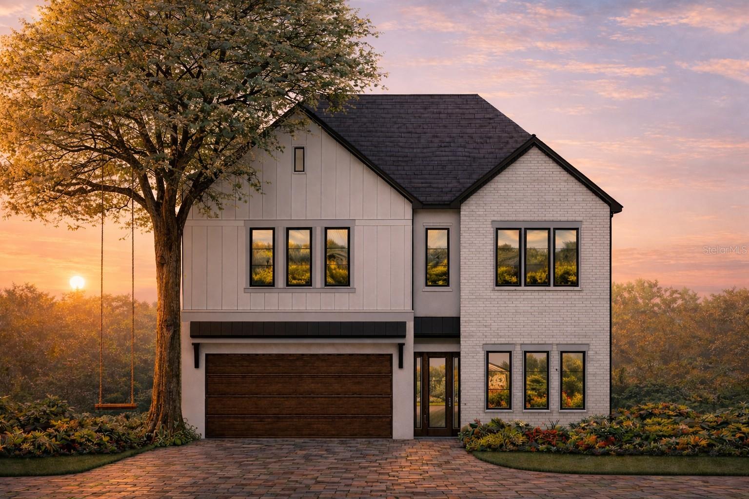 Pre-Construction. To be built. Pre-Construction. To be built. New Construction. Welcome to this stunning modern residence that blends timeless architecture with refined contemporary design, perfectly suited for Tampa living. From the moment you arrive, the home’s striking curb appeal sets the tone—featuring a clean white brick façade, warm wood accents, black-framed windows, and a sleek metal roof detail that creates a bold yet inviting presence. Inside, the thoughtfully designed floor plan offers both functionality and elegance. The first floor features an open-concept great room and dining area filled with natural light, seamlessly connecting to a chef-inspired kitchen complete with a large island, ample storage, and premium finishes—ideal for entertaining or everyday living. A private study and full bath on the main level provide flexibility for a home office or guest suite, while the covered lanai extends your living space outdoors. Upstairs, the luxurious owner’s suite is a true retreat, showcasing a spa-inspired bath with dual vanities, soaking tub, walk-in shower, and a dedicated dressing room featuring a dramatic three-sided mirror—creating a boutique-style experience. The expansive walk-in closet allows for optional custom cabinetry and personalized storage. The second level also includes two additional bedrooms, multiple full baths, and a generous loft. The loft offers exceptional versatility and may be optionally converted into an additional bedroom suite or transformed into a large, private home office—ideal for today’s flexible lifestyles. A dedicated laundry and crafts room adds everyday convenience. Adding to the home’s appeal is its serene pond-front setting, providing a peaceful and picturesque backdrop while enhancing privacy in the backyard. Enjoy morning coffee or evening sunsets overlooking the water, with nature as your view and no rear neighbors—an ideal setting for relaxation and outdoor entertaining. Completing the home is a two-car garage, elegant paver driveway, and lush landscaping that complements the modern suburban design. Ideally located in Tampa, this home offers easy access to top-rated schools, dining, shopping, and major roadways—while still providing a private, refined retreat. **Modern Tampa living with water views, privacy, and thoughtful design throughout.**