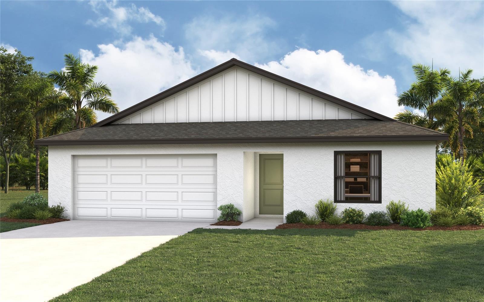 Under Construction. NEW CONSTRUCTION -estimated delivery September 2026!  SPECIAL INCENTIVES: Up to $16k toward closing costs, rate buydowns, and prepaids when using preferred lender and title.   Designed for comfortable Florida living, this thoughtfully crafted three-bedroom, two-bath home offers an open-concept layout that maximizes both space and functionality. A welcoming foyer leads into the heart of the home, where the kitchen overlooks the spacious Great Room and dining area, creating the perfect setting for entertaining or everyday living.  The vaulted ceiling enhances the main living space, while sliding glass doors open to a covered lanai, seamlessly blending indoor and outdoor living. The kitchen features a central island with additional seating and plenty of workspace, making it the natural gathering place for family and friends.  Privately situated at the rear of the home, the primary suite offers a peaceful retreat with a generous walk-in closet and an ensuite bath featuring dual vanities and a walk-in shower. Two secondary bedrooms, located near the front of the home, share a full bath and provide flexibility for guests or a home office.  Located off the kitchen, the laundry room provides direct access to the spacious two-car garage for added everyday convenience.  This is a new home design by the builder - exterior rendering is for display purposes only.